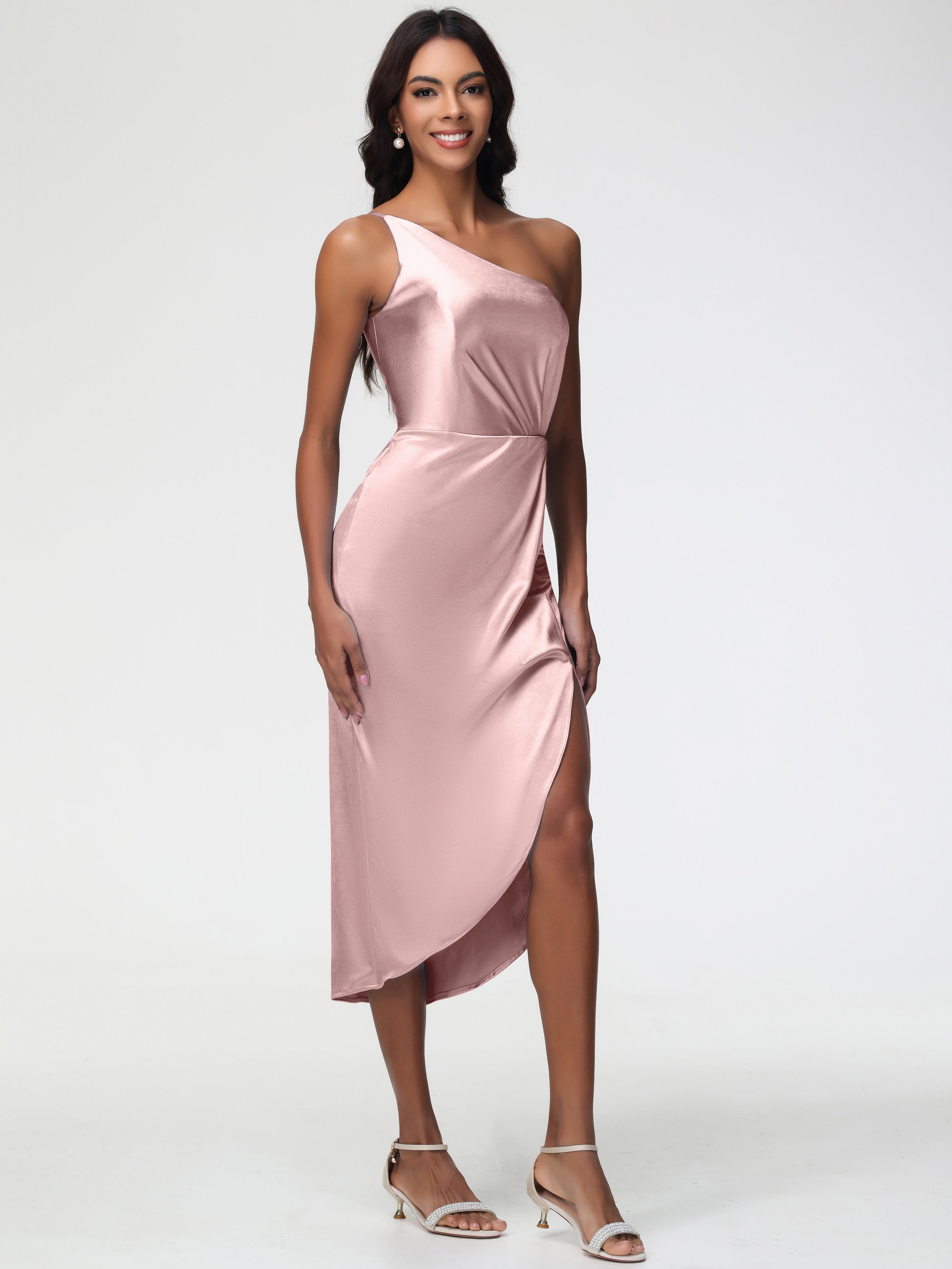 Demoiselle Temoin Robe Rose Poudré Mariage Seule-Épaule Mi-Longue Fendue Satin Extensible Robe De Demoiselle D'Honneur