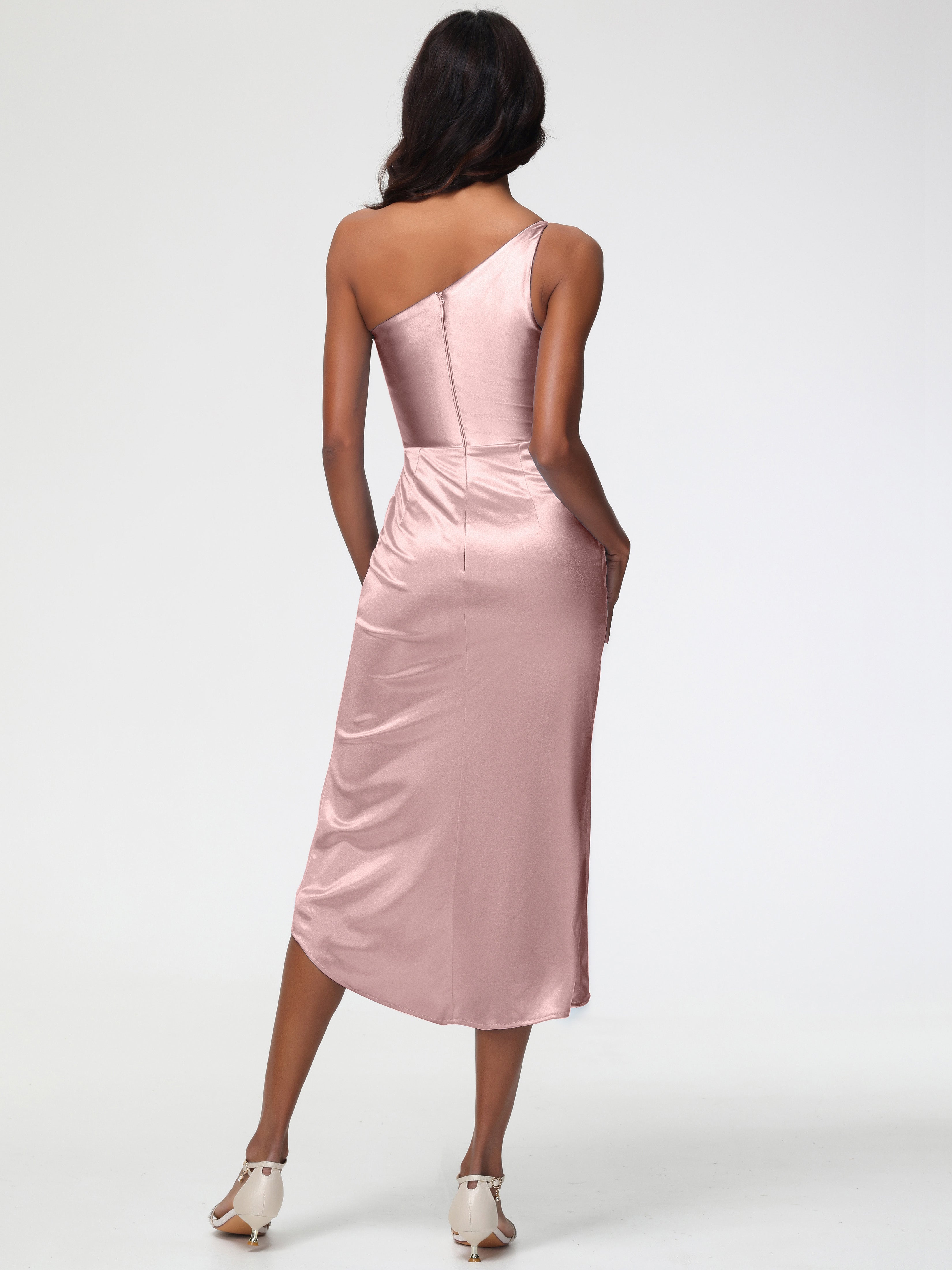 Demoiselle Temoin Robe Rose Poudré Mariage Seule-Épaule Mi-Longue Fendue Satin Extensible Robe De Demoiselle D'Honneur