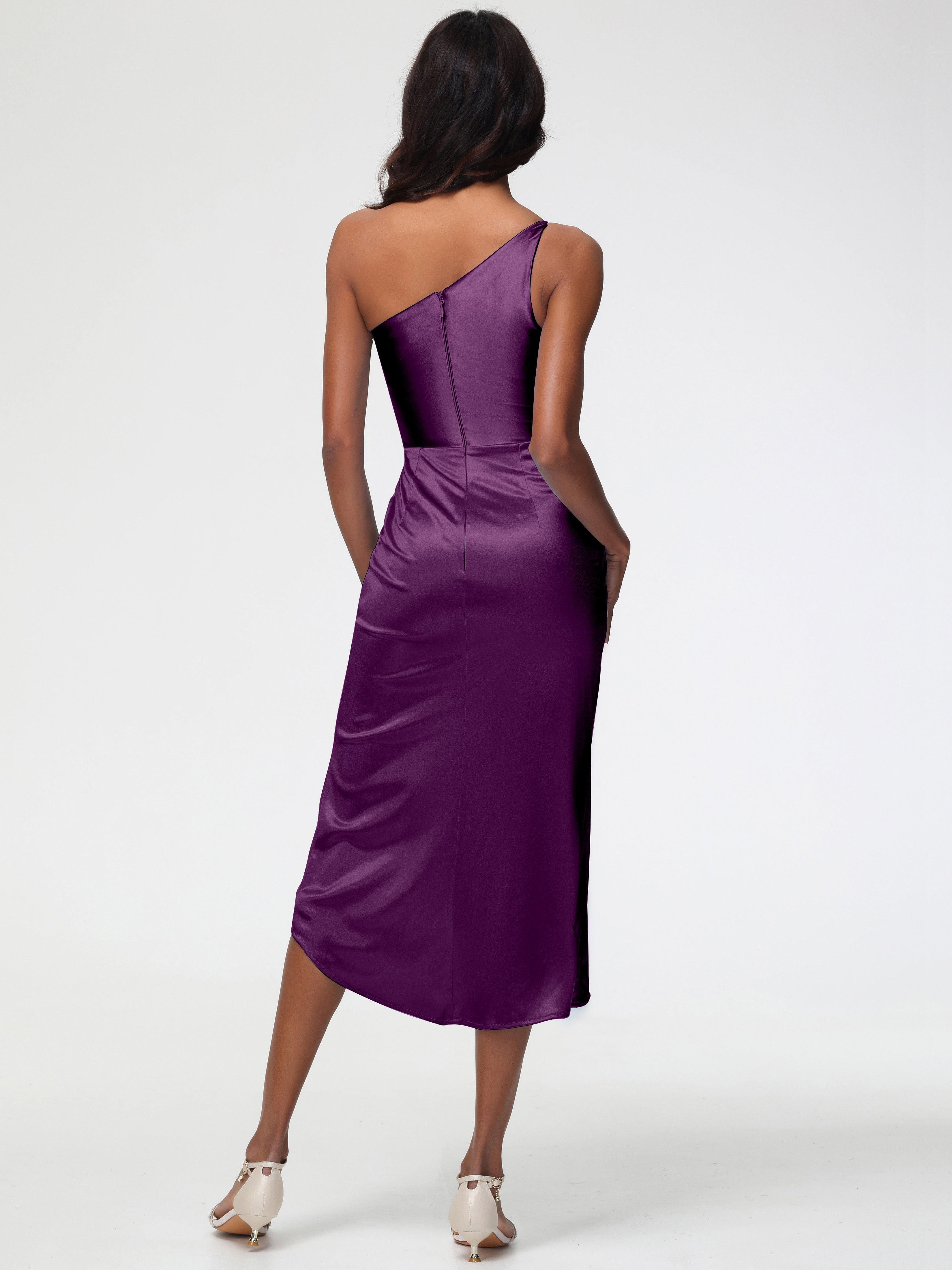 Robes De Demoiselle D'Honneur En Raisin Seule-Épaule Mi-Longue Fendue Satin Extensible Robe De Demoiselle D'Honneur