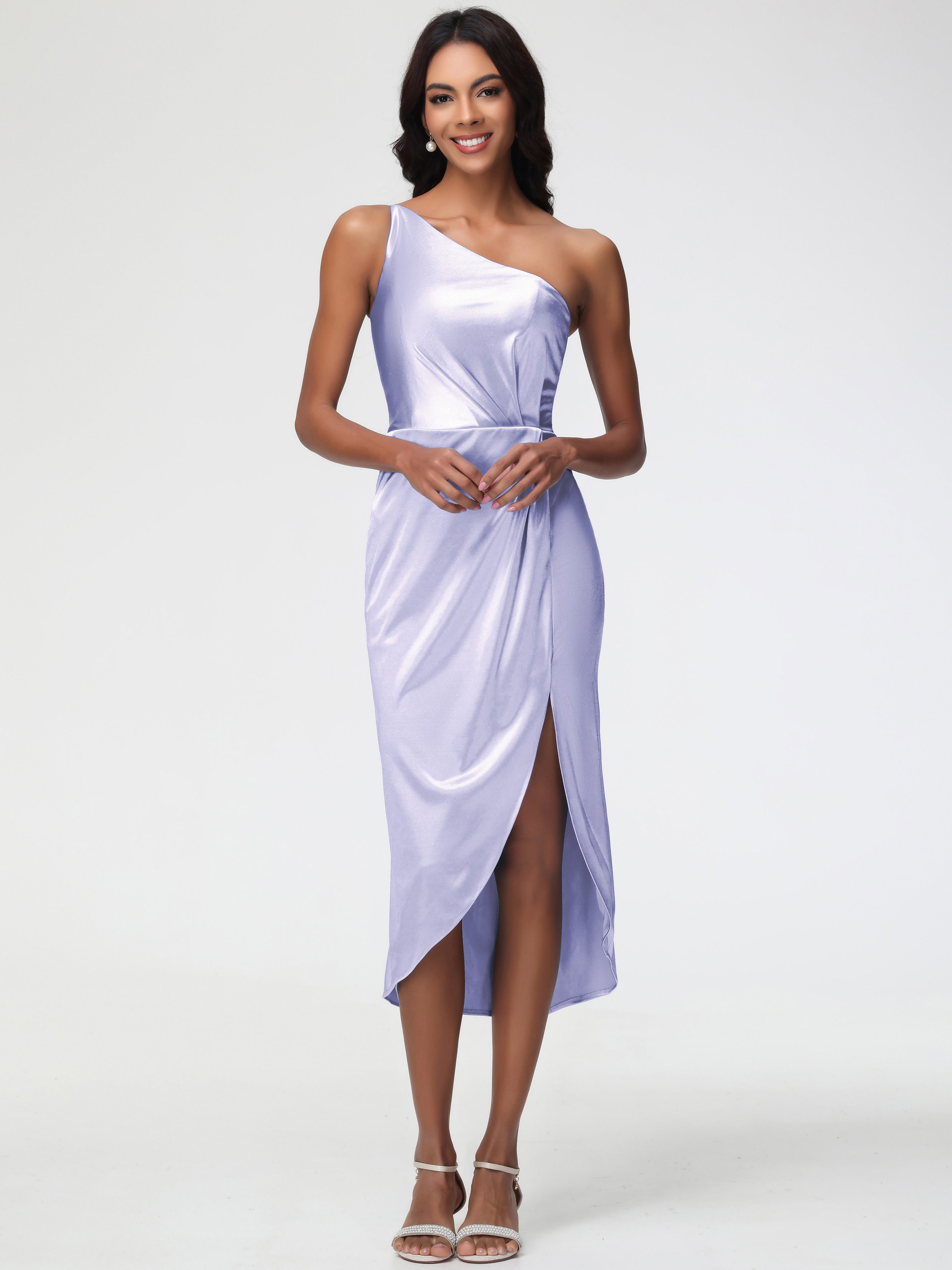 Robes De Demoiselle D'Honneur Lavande Seule-Épaule Mi-Longue Fendue Satin Extensible Robe De Demoiselle D'Honneur