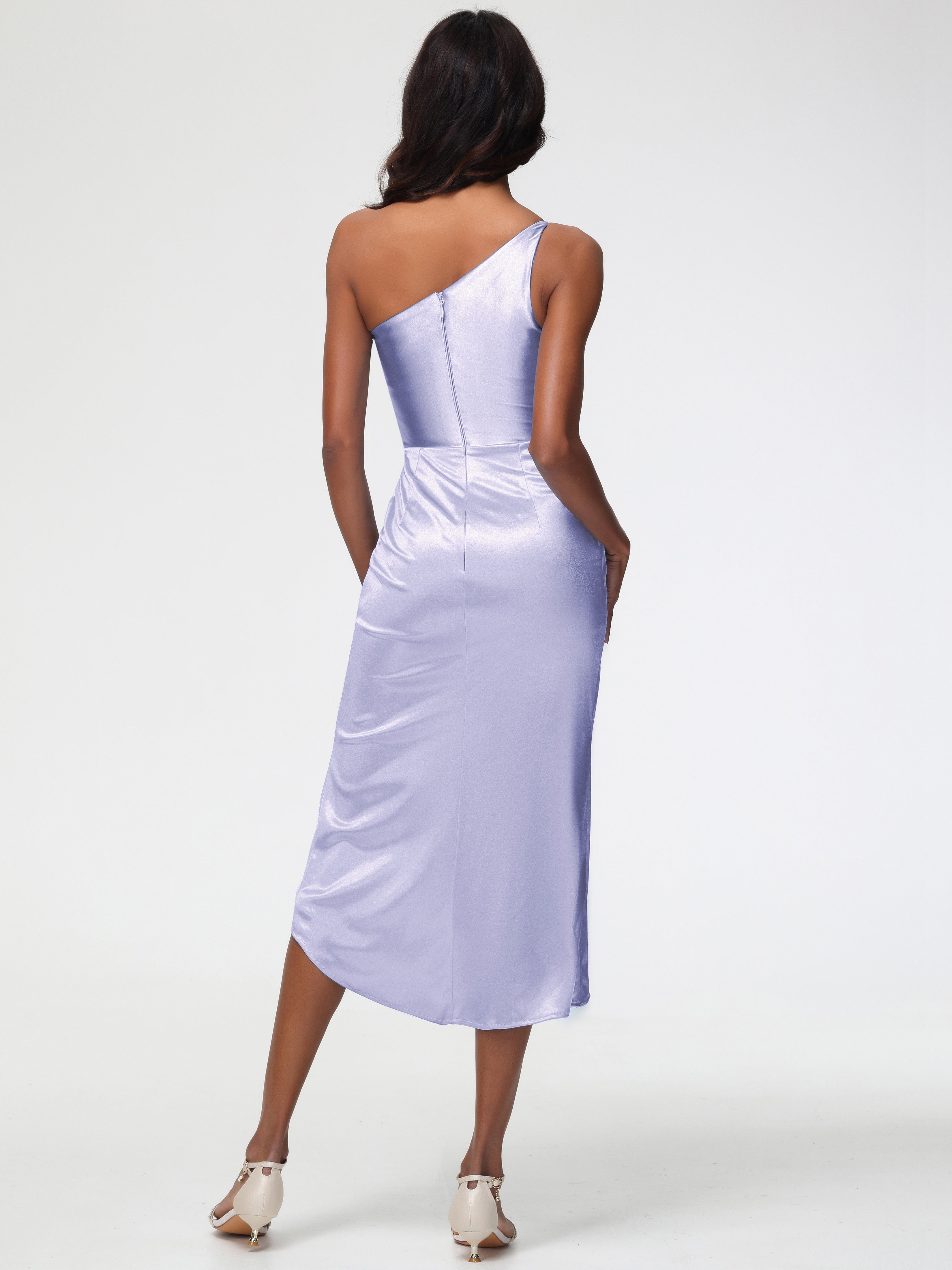 Robes De Demoiselle D'Honneur Lavande Seule-Épaule Mi-Longue Fendue Satin Extensible Robe De Demoiselle D'Honneur