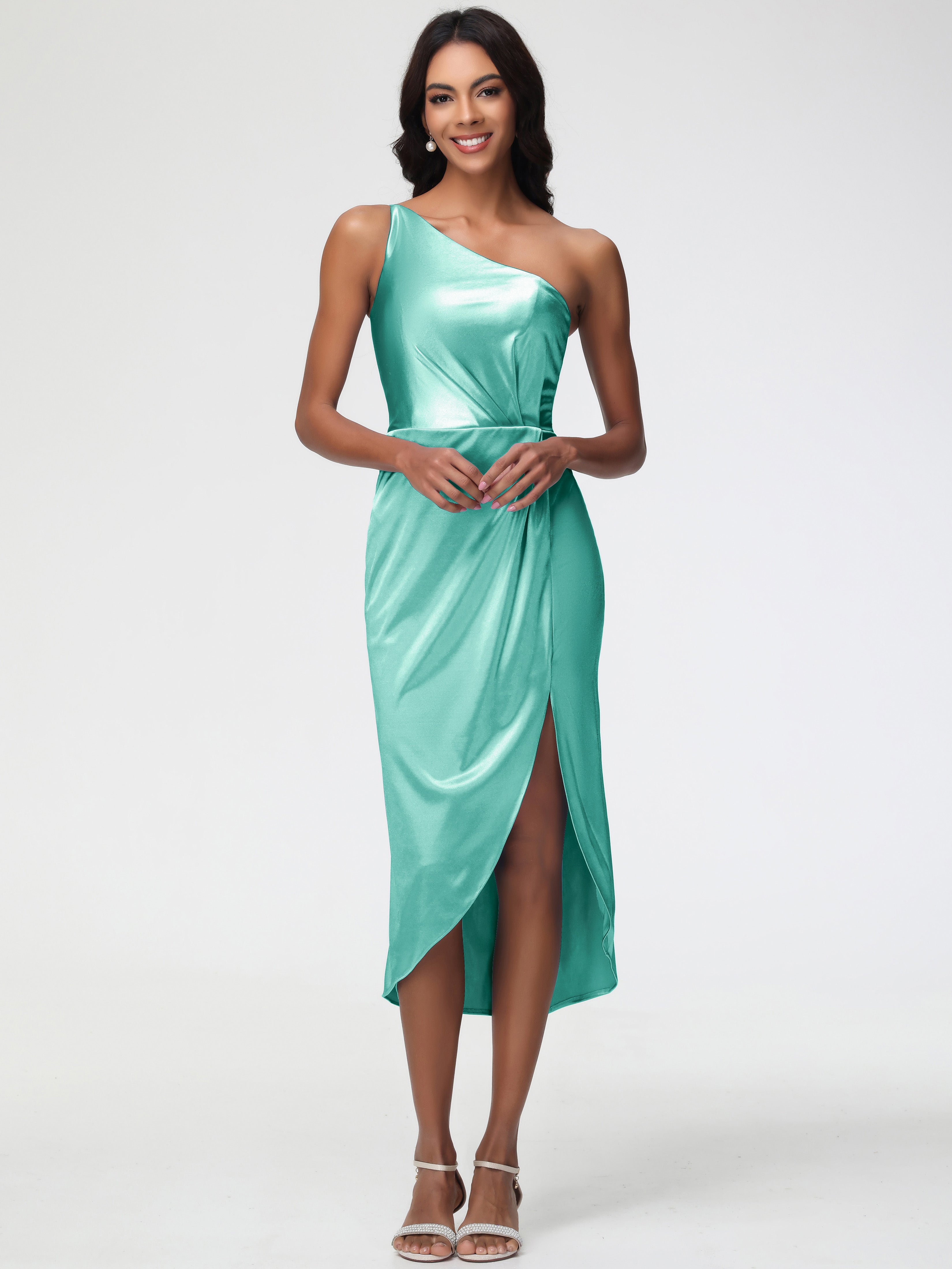 Robe Vert Menthe Demoiselle D Honneur Seule-Épaule Mi-Longue Fendue Satin Extensible Robe De Demoiselle D'Honneur