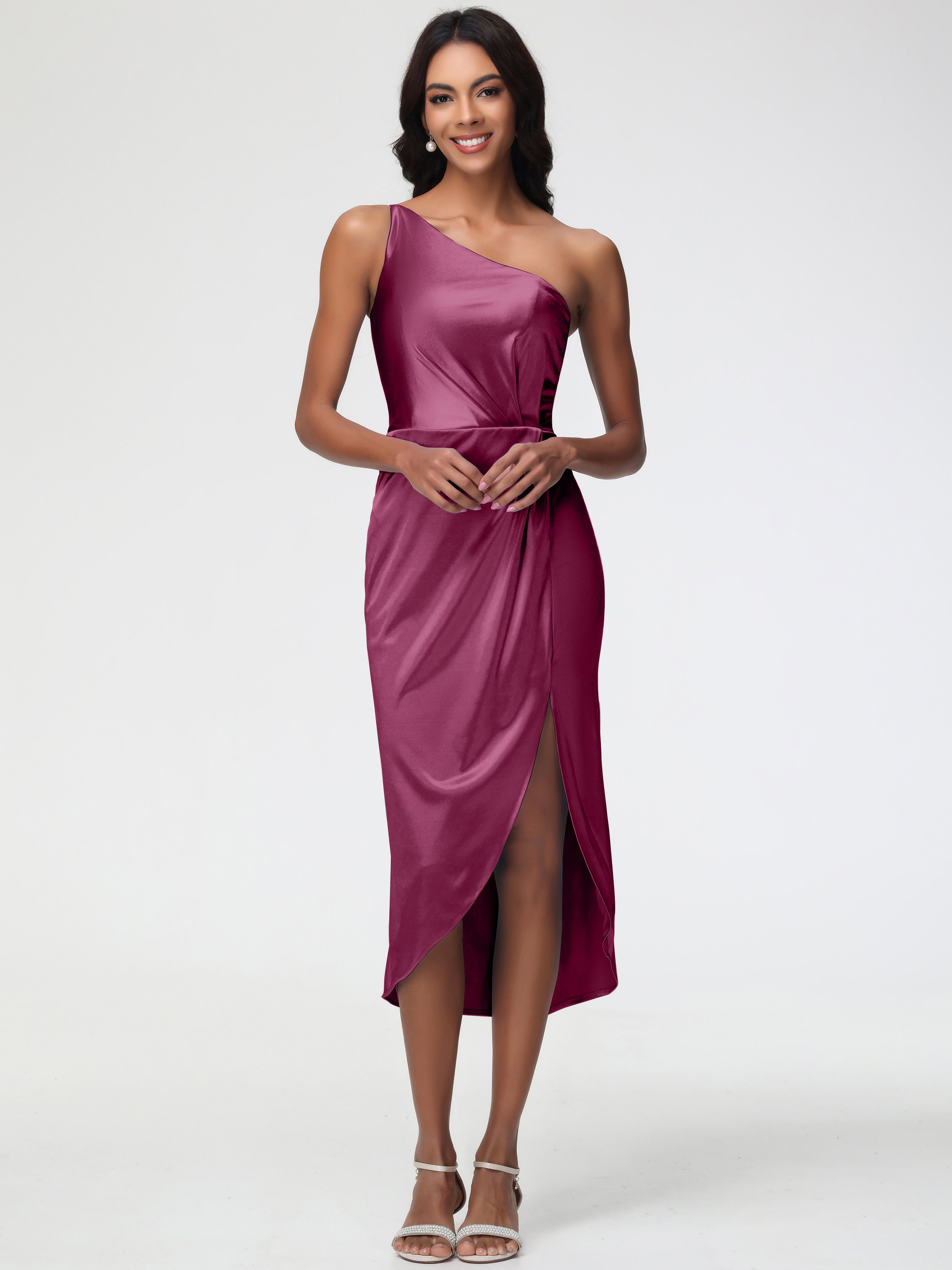 Robes De Demoiselle D'Honneur Mure Seule-Épaule Mi-Longue Fendue Satin Extensible Robe De Demoiselle D'Honneur