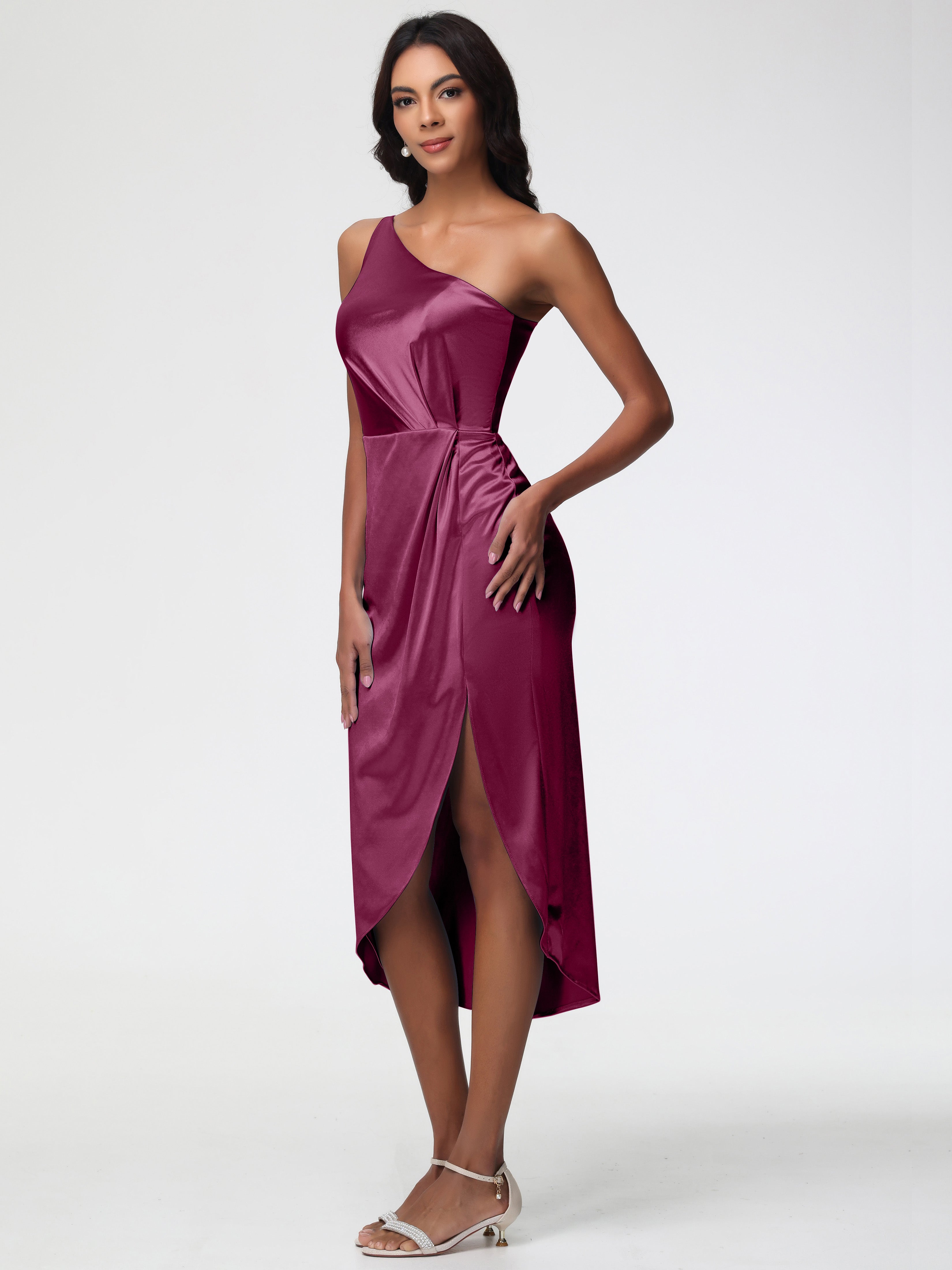 Robes De Demoiselle D'Honneur Mure Seule-Épaule Mi-Longue Fendue Satin Extensible Robe De Demoiselle D'Honneur