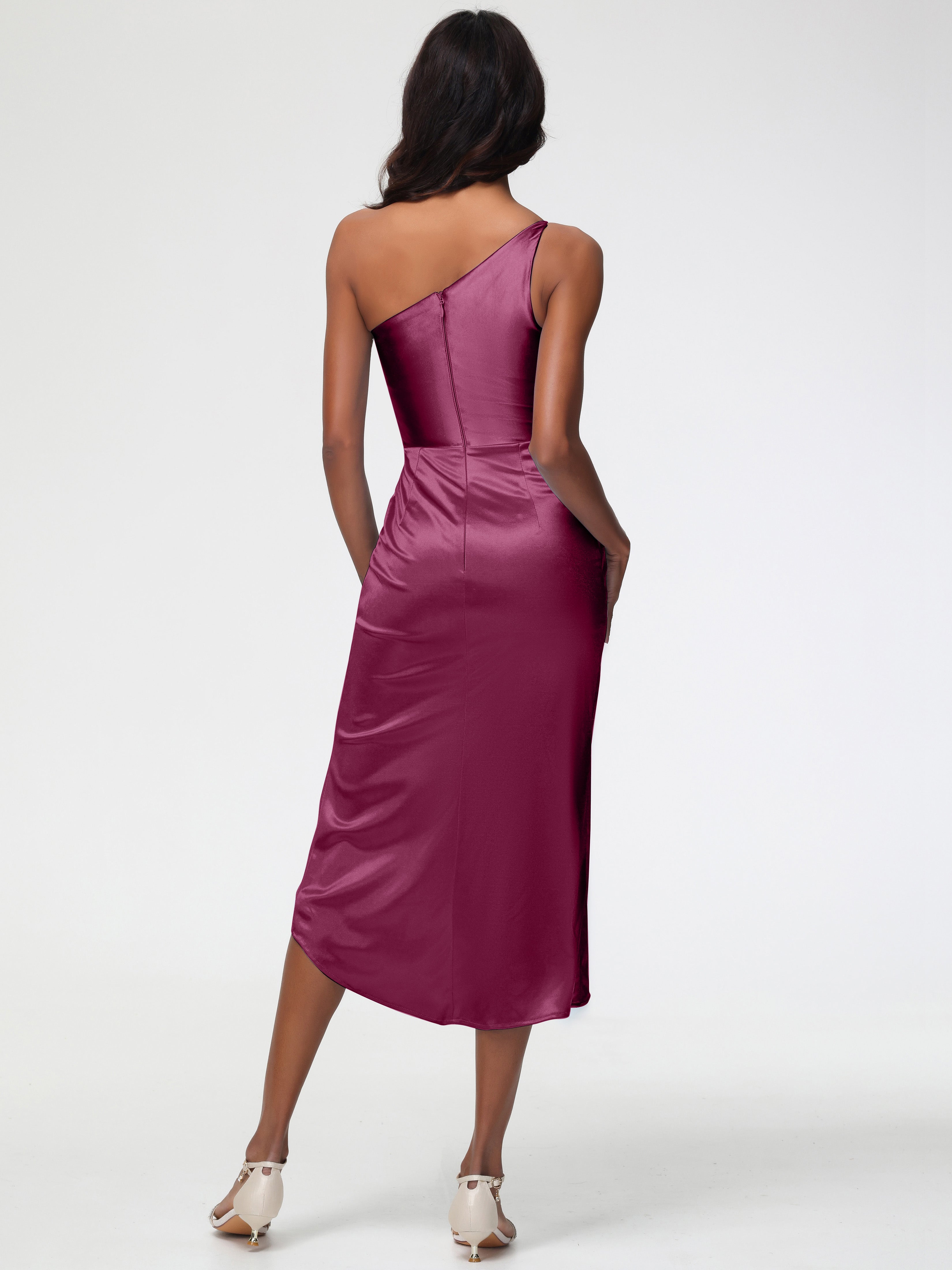 Robes De Demoiselle D'Honneur Mure Seule-Épaule Mi-Longue Fendue Satin Extensible Robe De Demoiselle D'Honneur