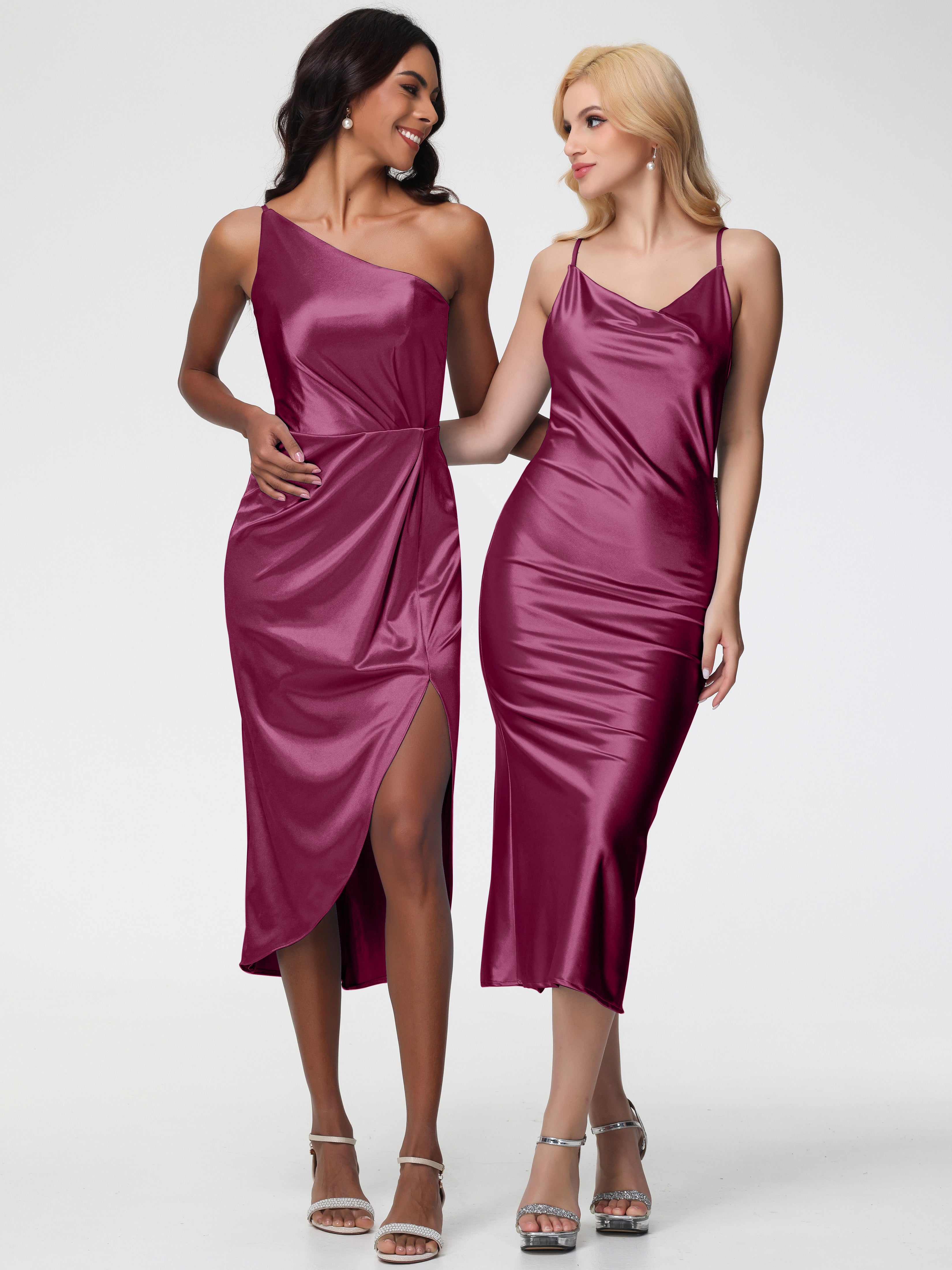 Robes De Demoiselle D'Honneur Mure Seule-Épaule Mi-Longue Fendue Satin Extensible Robe De Demoiselle D'Honneur