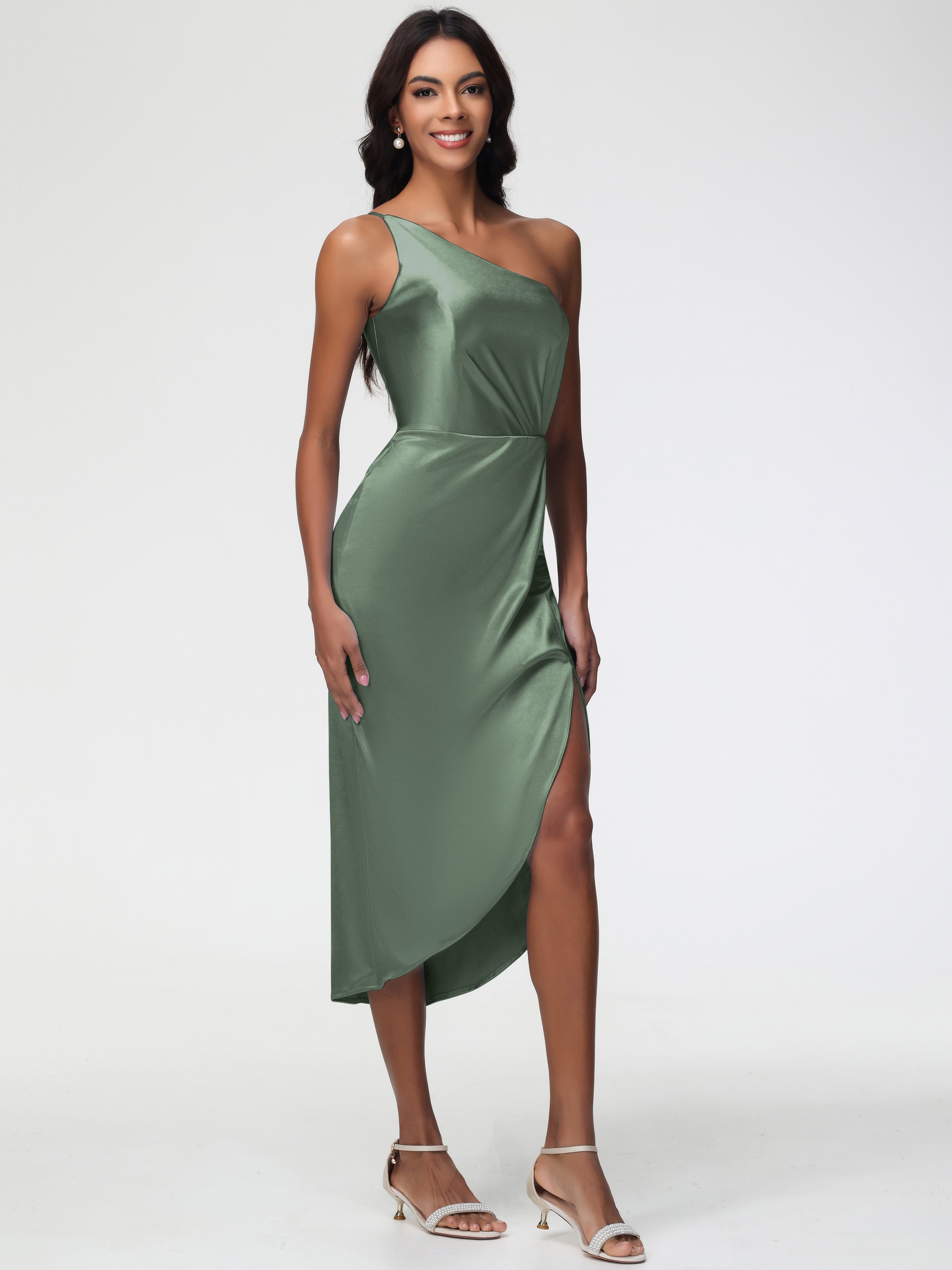 Robes De Demoiselle D'Honneur Vert Olive Seule-Épaule Mi-Longue Fendue Satin Extensible Robe De Demoiselle D'Honneur