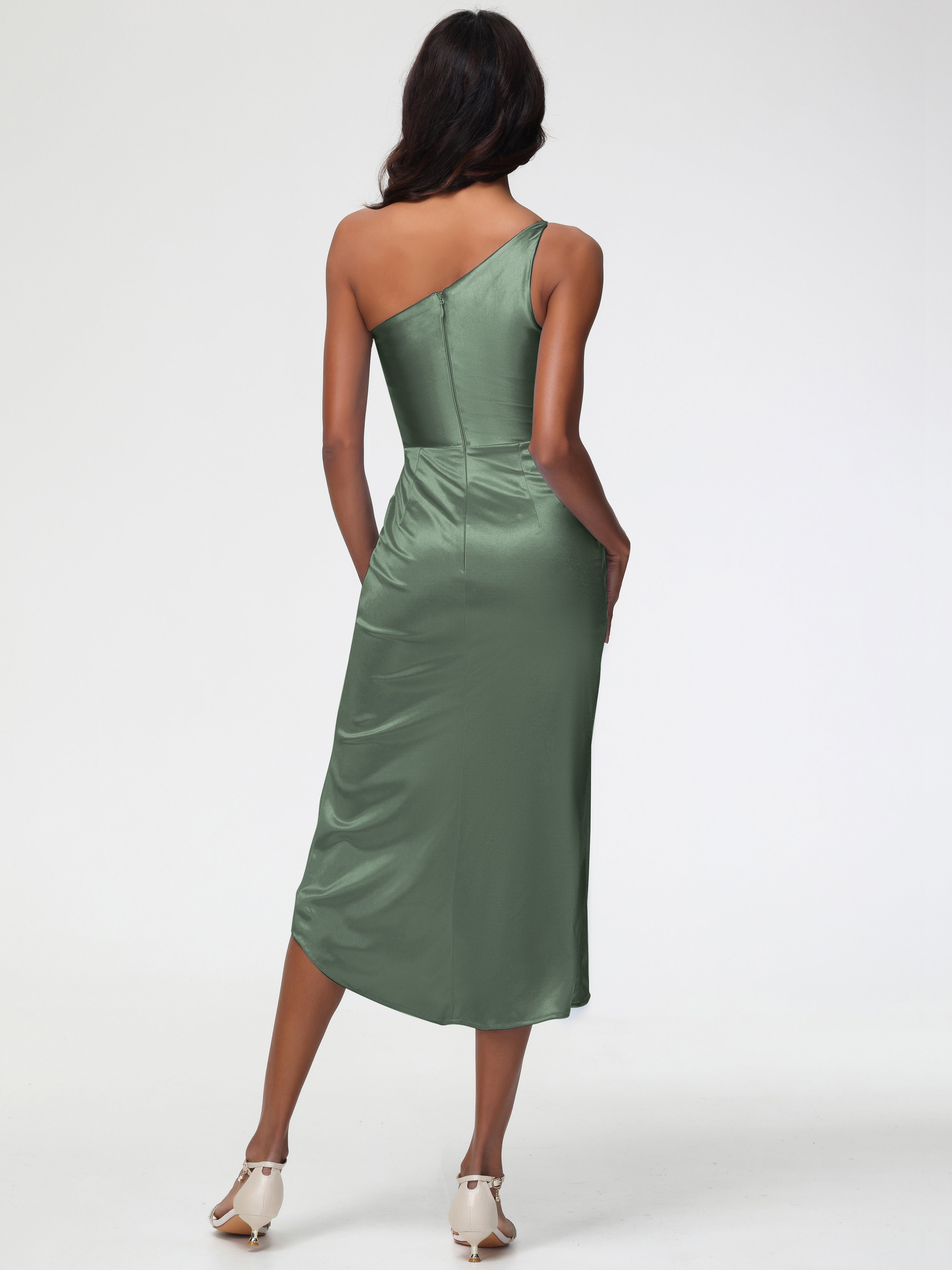 Robes De Demoiselle D'Honneur Vert Olive Seule-Épaule Mi-Longue Fendue Satin Extensible Robe De Demoiselle D'Honneur