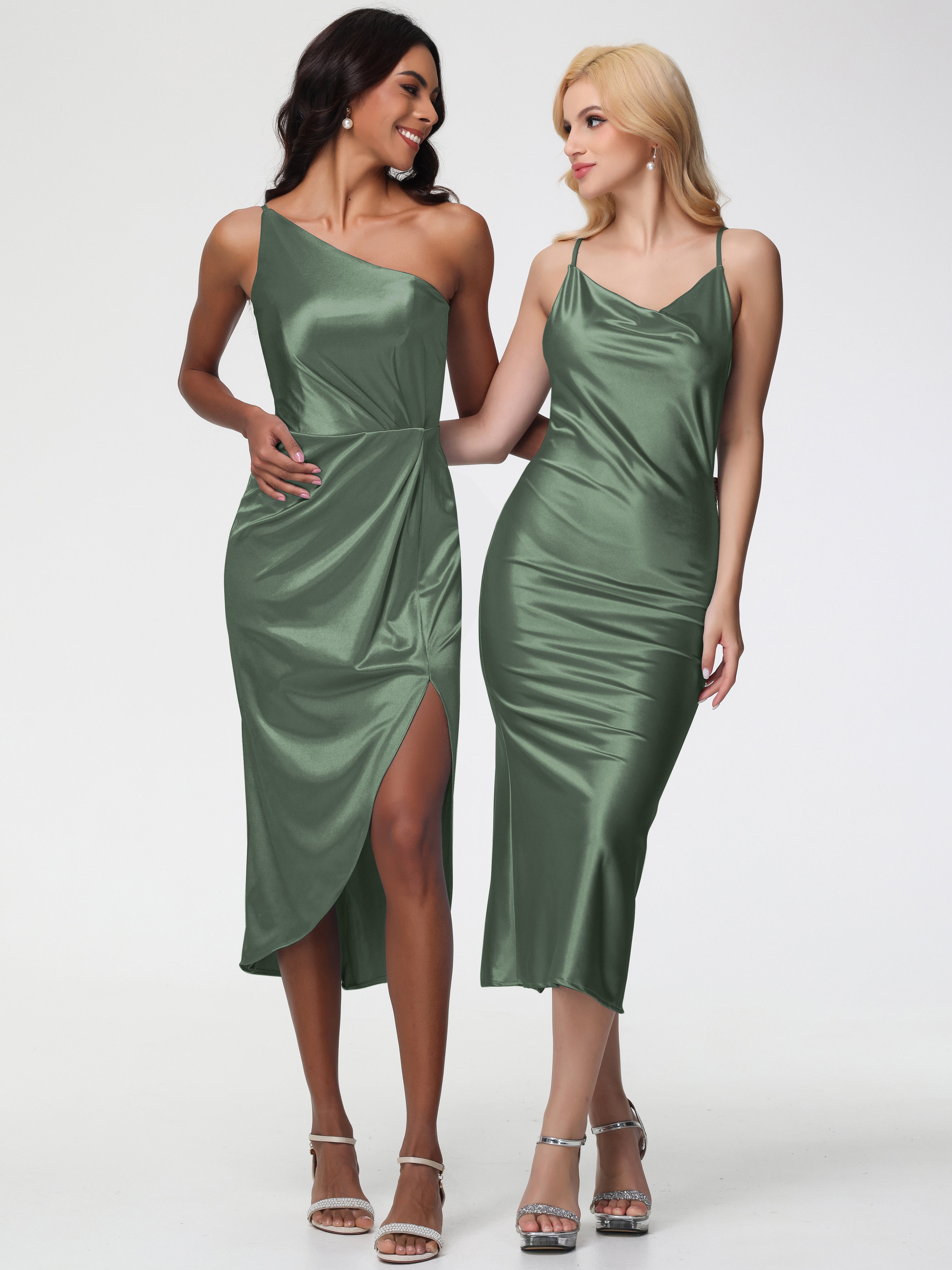 Robes De Demoiselle D'Honneur Vert Olive Seule-Épaule Mi-Longue Fendue Satin Extensible Robe De Demoiselle D'Honneur