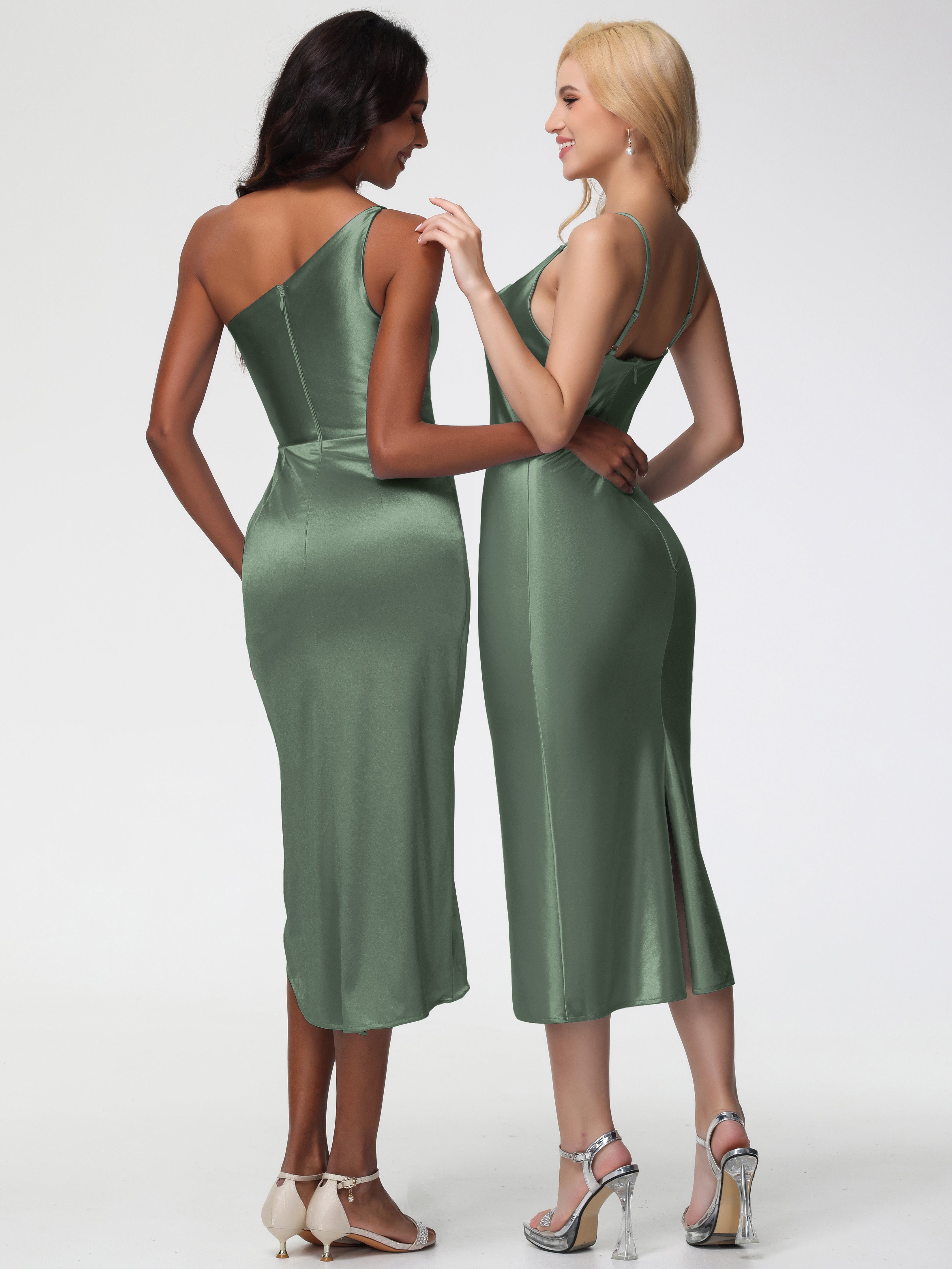 Robes De Demoiselle D'Honneur Vert Olive Seule-Épaule Mi-Longue Fendue Satin Extensible Robe De Demoiselle D'Honneur