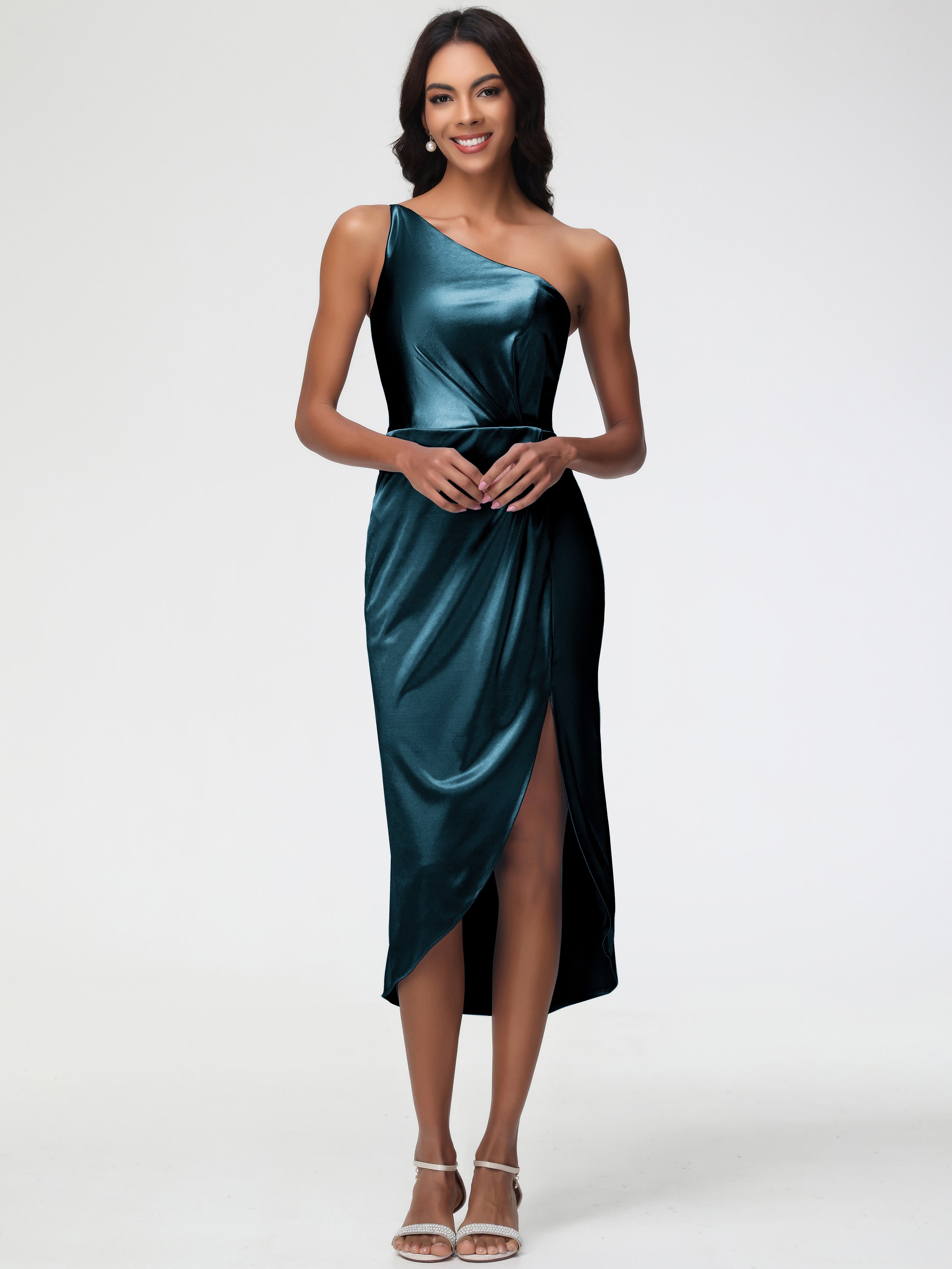 Robes De Demoiselle D'Honneur De Paon Seule-Épaule Mi-Longue Fendue Satin Extensible Robe De Demoiselle D'Honneur