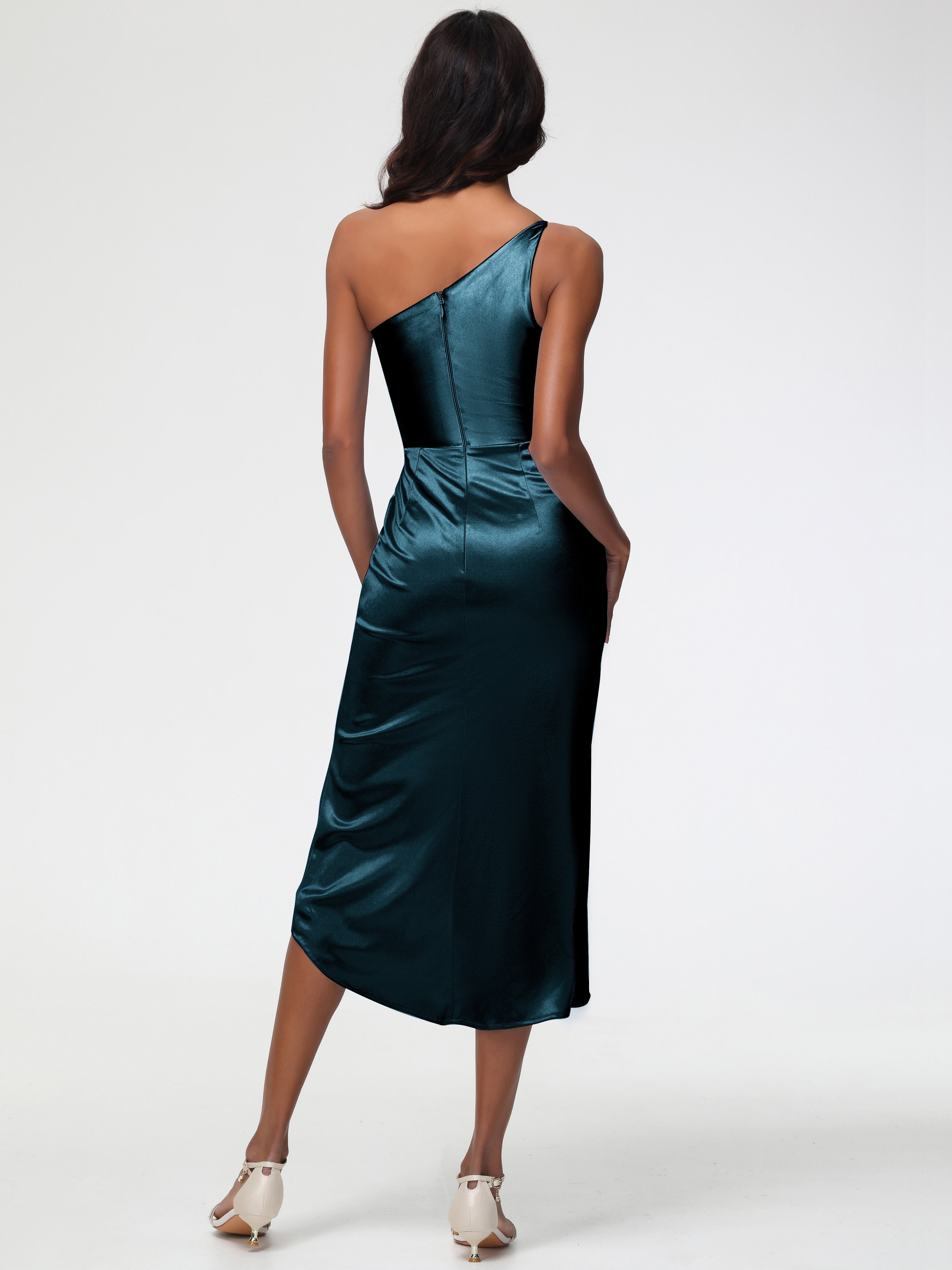 Robes De Demoiselle D'Honneur De Paon Seule-Épaule Mi-Longue Fendue Satin Extensible Robe De Demoiselle D'Honneur