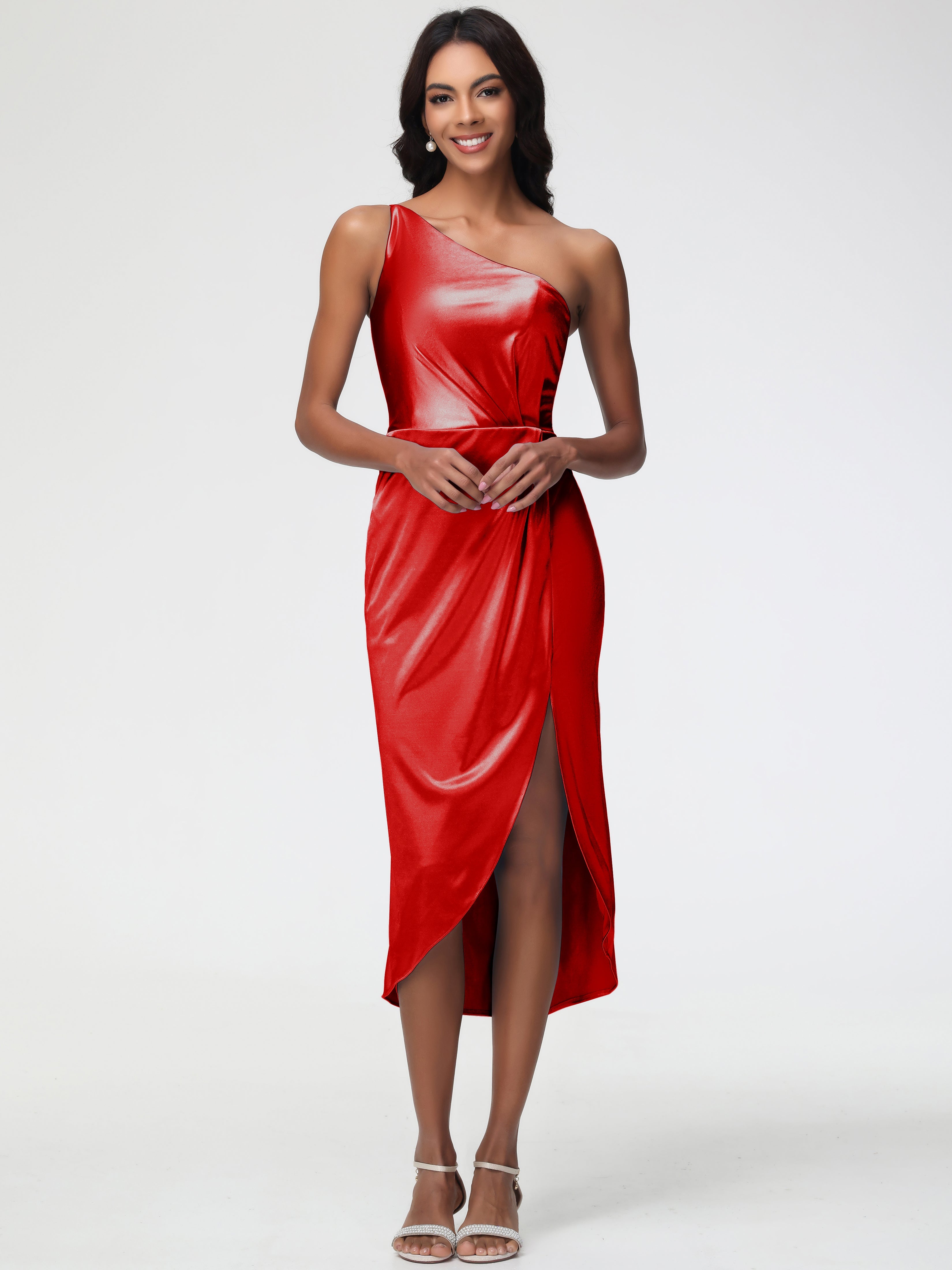 Demoiselle D Honneur Rouge Seule-Épaule Mi-Longue Fendue Satin Extensible Robe De Demoiselle D'Honneur