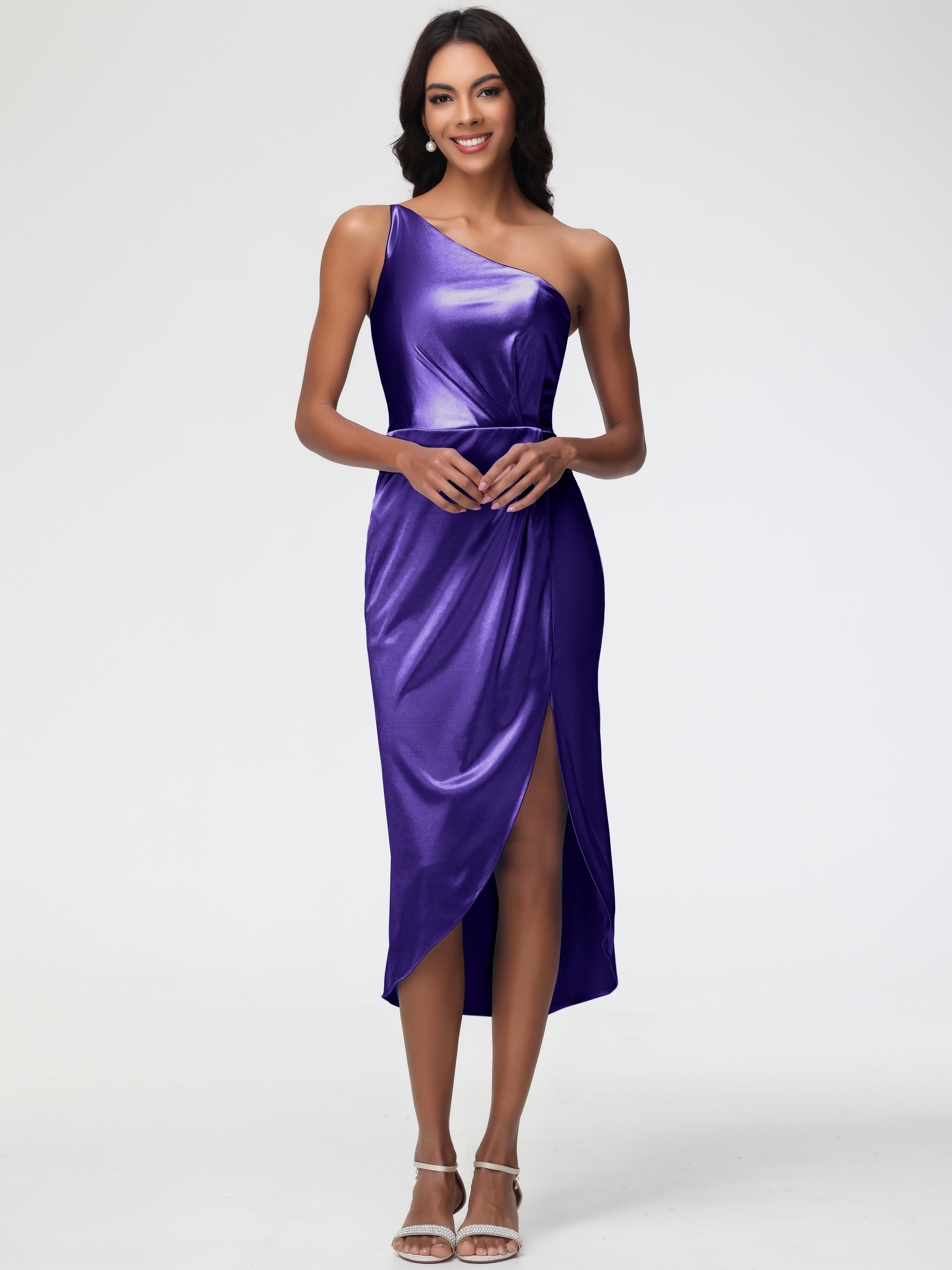 Robes De Demoiselle D'Honneur Régence Seule-Épaule Mi-Longue Fendue Satin Extensible Robe De Demoiselle D'Honneur