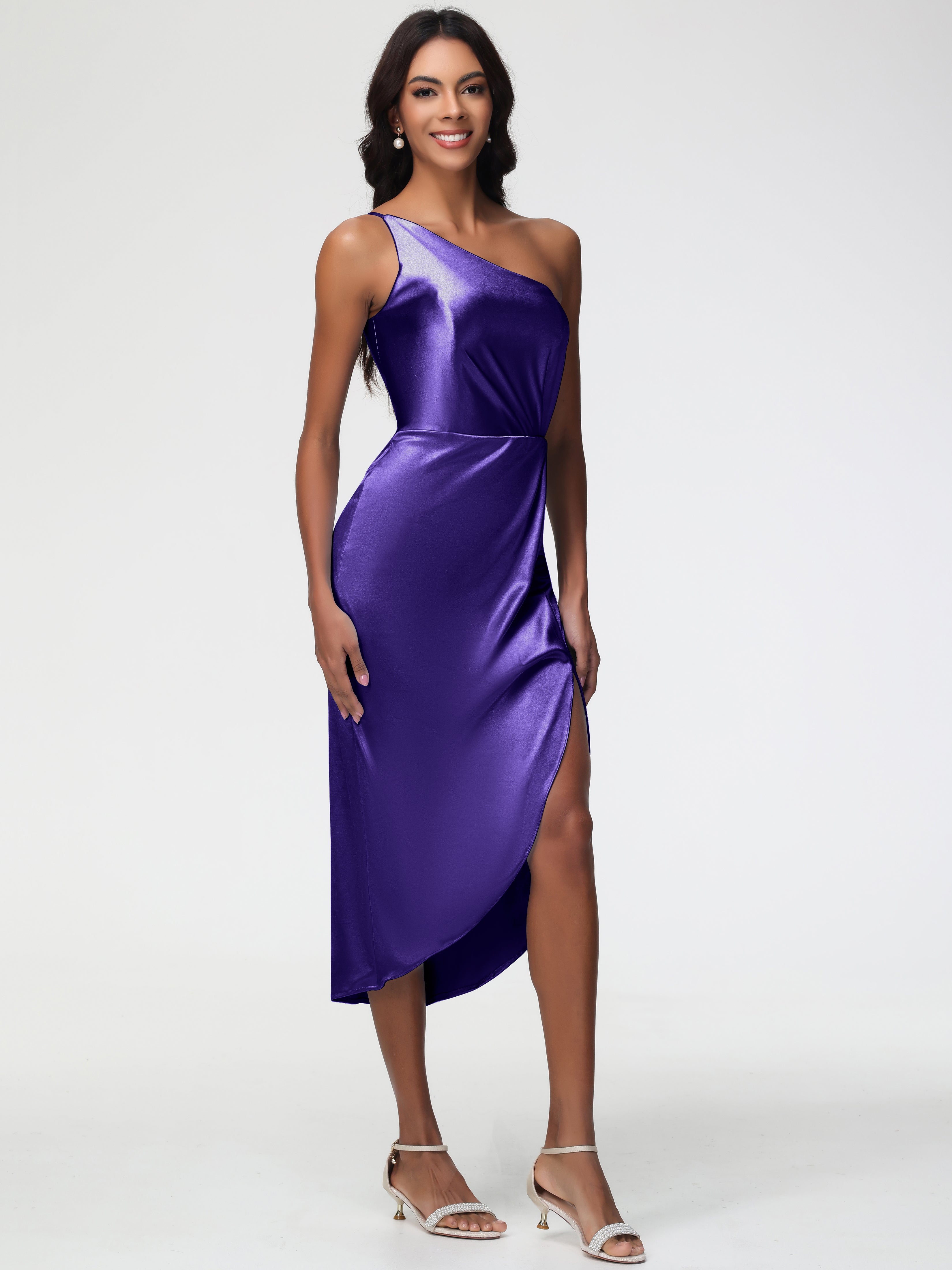 Robes De Demoiselle D'Honneur Régence Seule-Épaule Mi-Longue Fendue Satin Extensible Robe De Demoiselle D'Honneur
