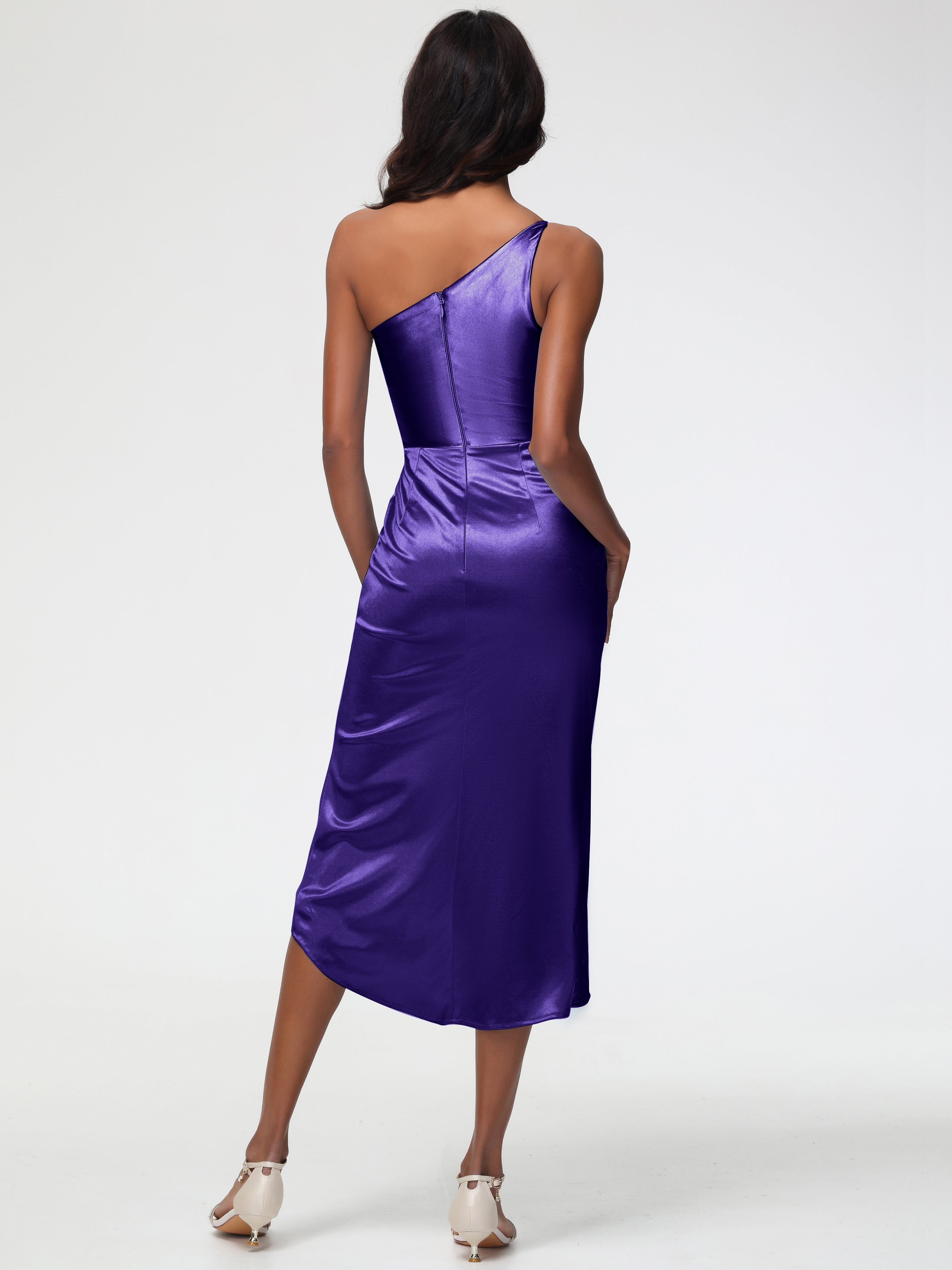 Robes De Demoiselle D'Honneur Régence Seule-Épaule Mi-Longue Fendue Satin Extensible Robe De Demoiselle D'Honneur