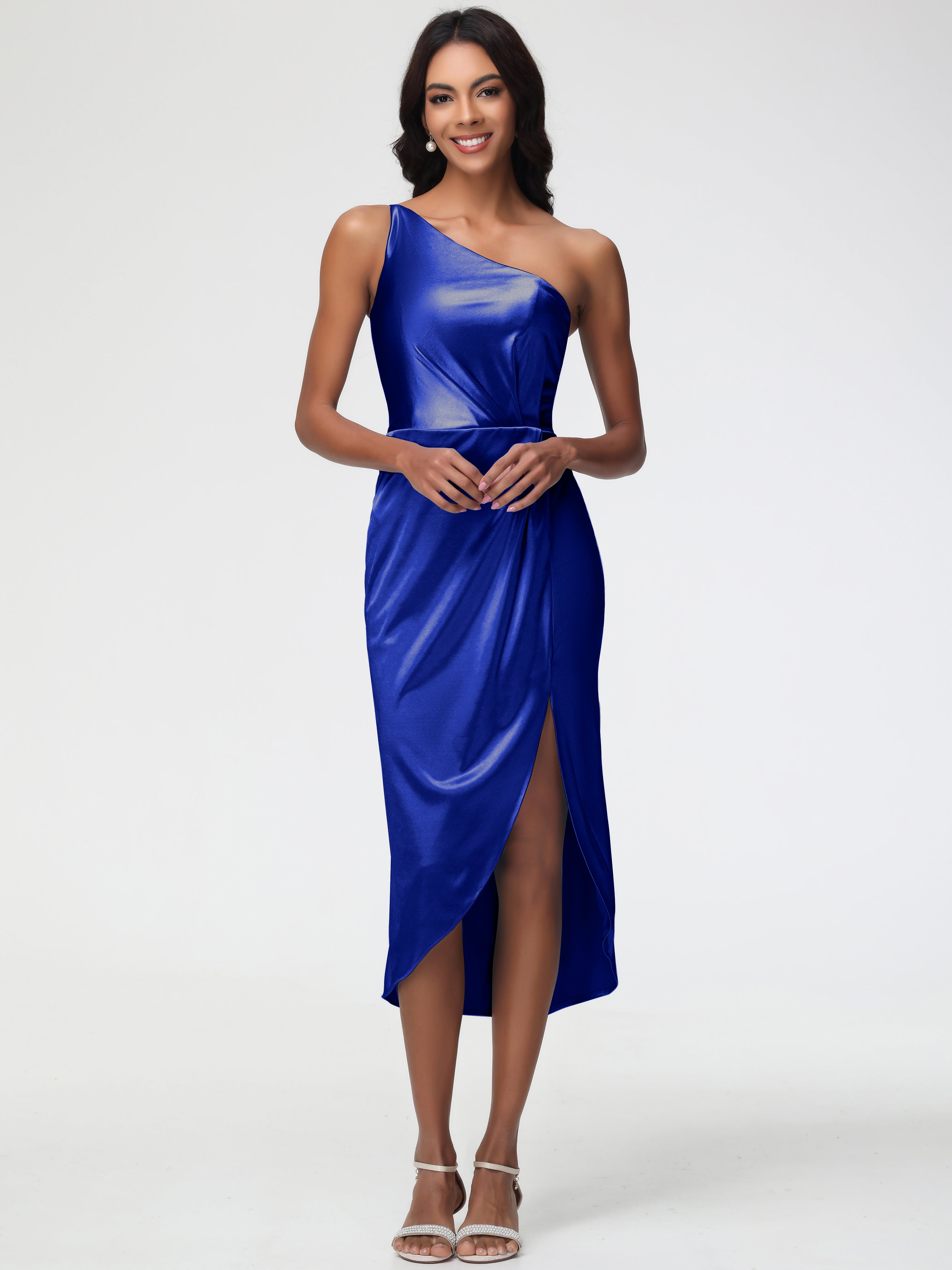 Robes De Demoiselle D'Honneur Bleu Royal Seule-Épaule Mi-Longue Fendue Satin Extensible Robe De Demoiselle D'Honneur