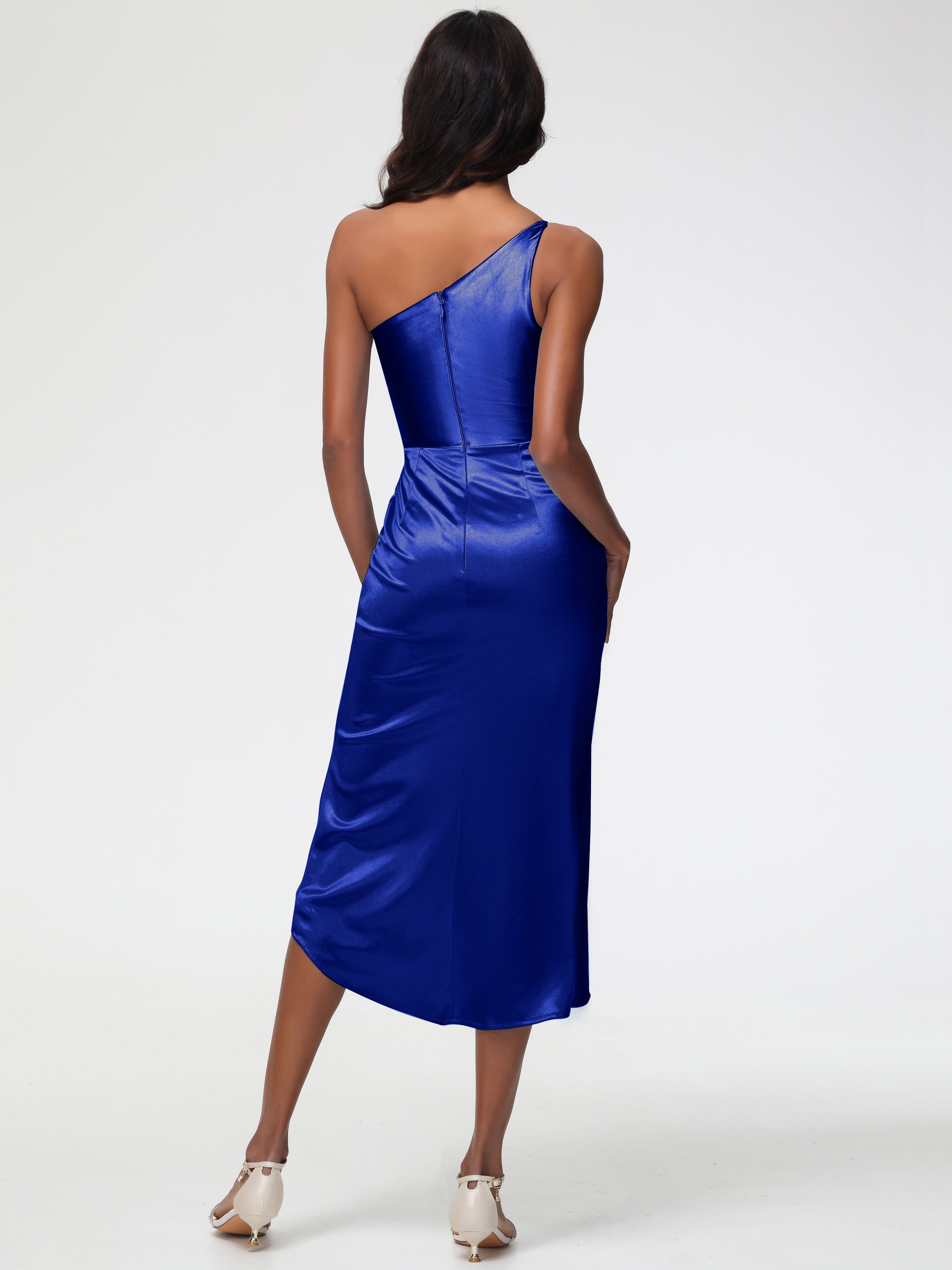 Robes De Demoiselle D'Honneur Bleu Royal Seule-Épaule Mi-Longue Fendue Satin Extensible Robe De Demoiselle D'Honneur