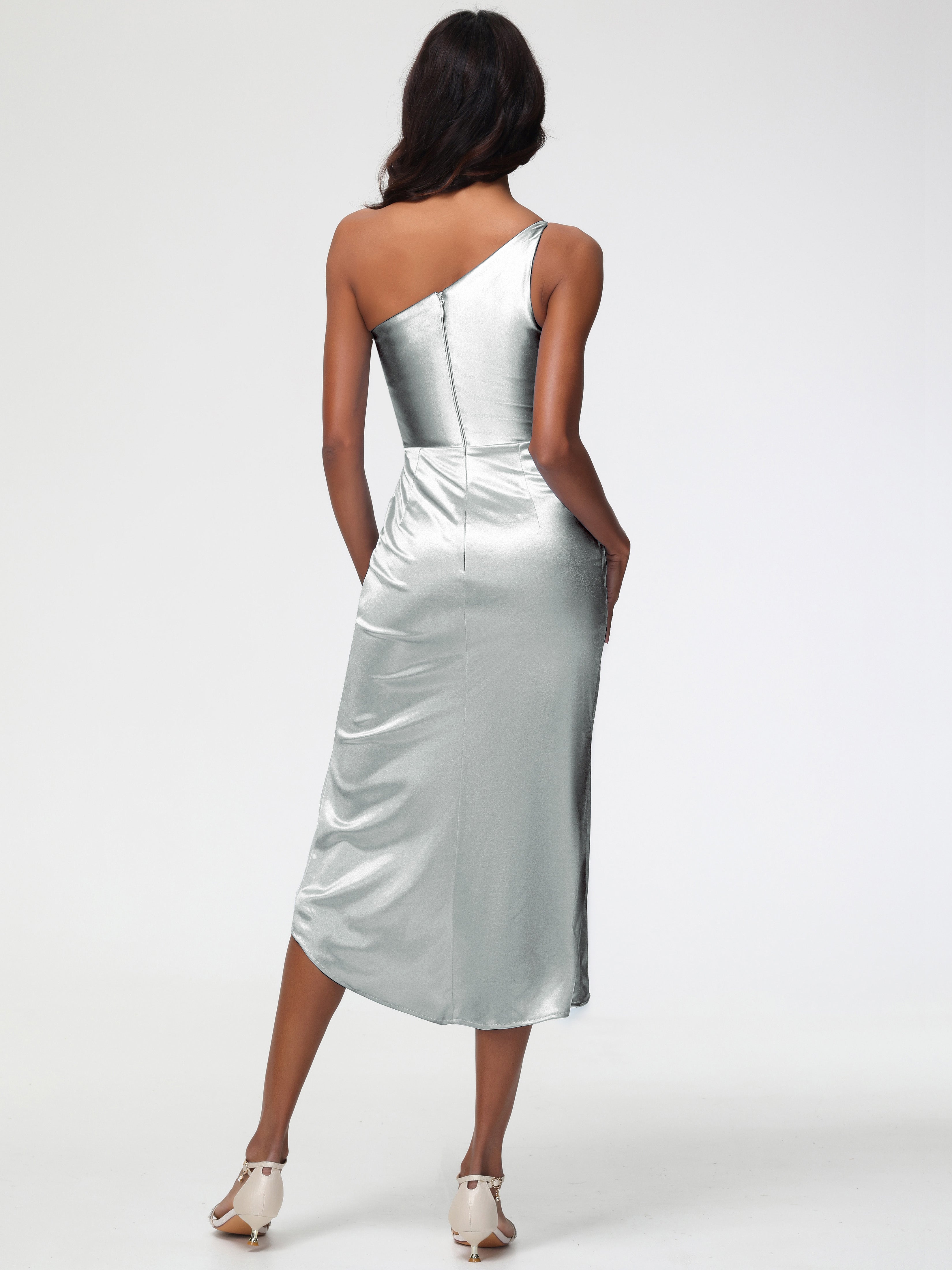 Robe Demoiselle D Honneur Argentée Seule-Épaule Mi-Longue Fendue Satin Extensible Robe De Demoiselle D'Honneur