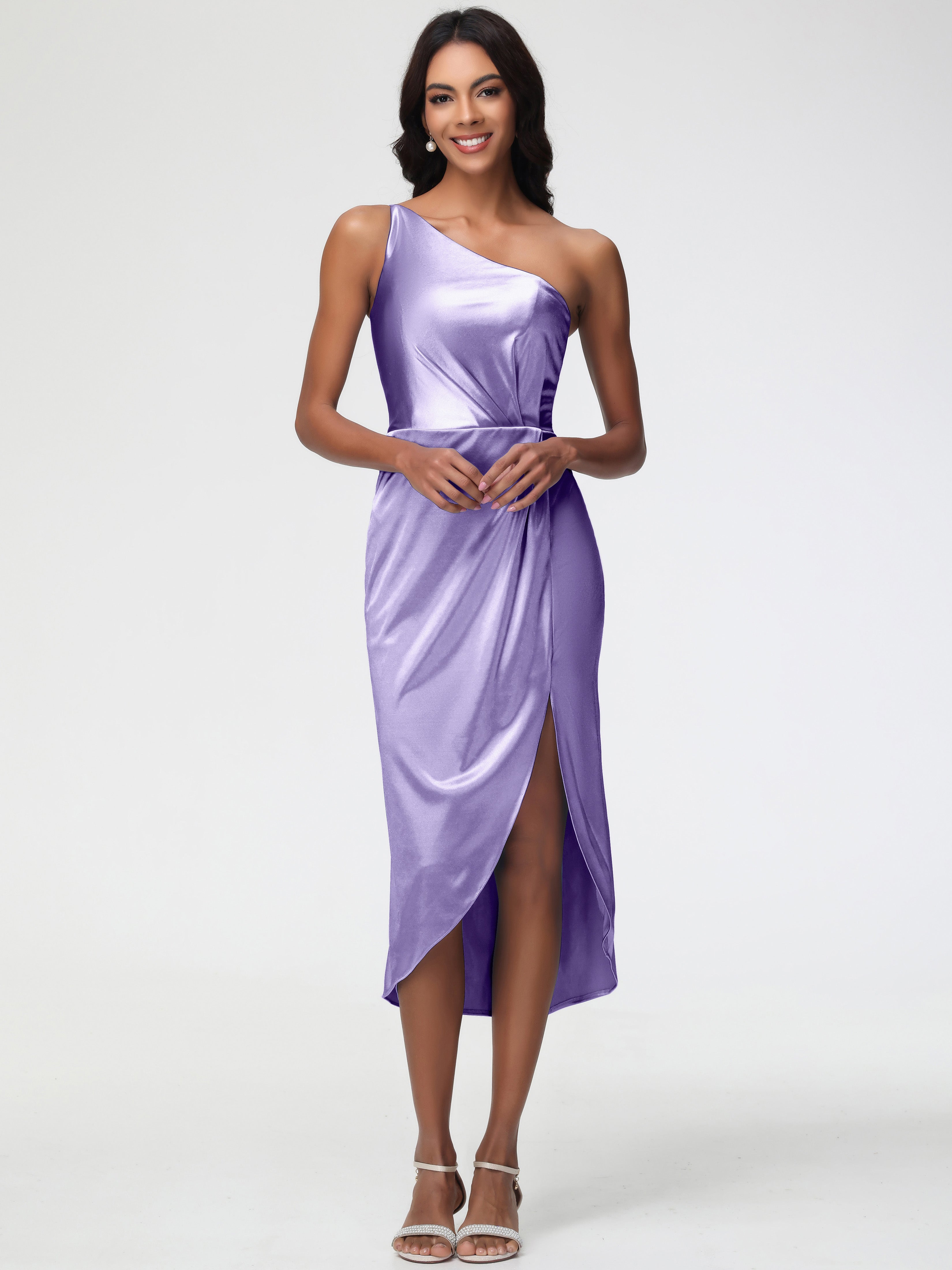 Robes De Demoiselle D'Honneur Tahiti Seule-Épaule Mi-Longue Fendue Satin Extensible Robe De Demoiselle D'Honneur