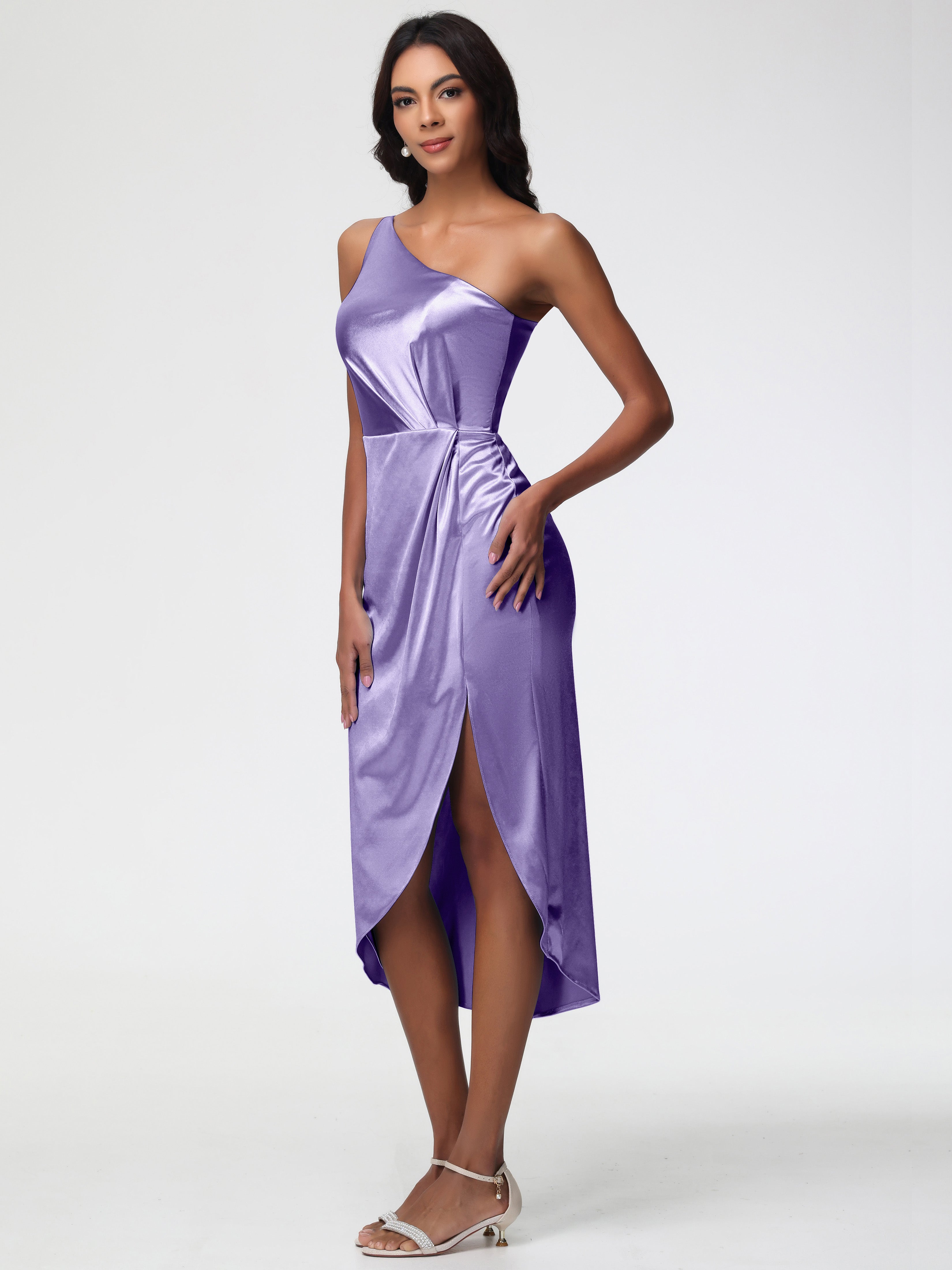 Robes De Demoiselle D'Honneur Tahiti Seule-Épaule Mi-Longue Fendue Satin Extensible Robe De Demoiselle D'Honneur