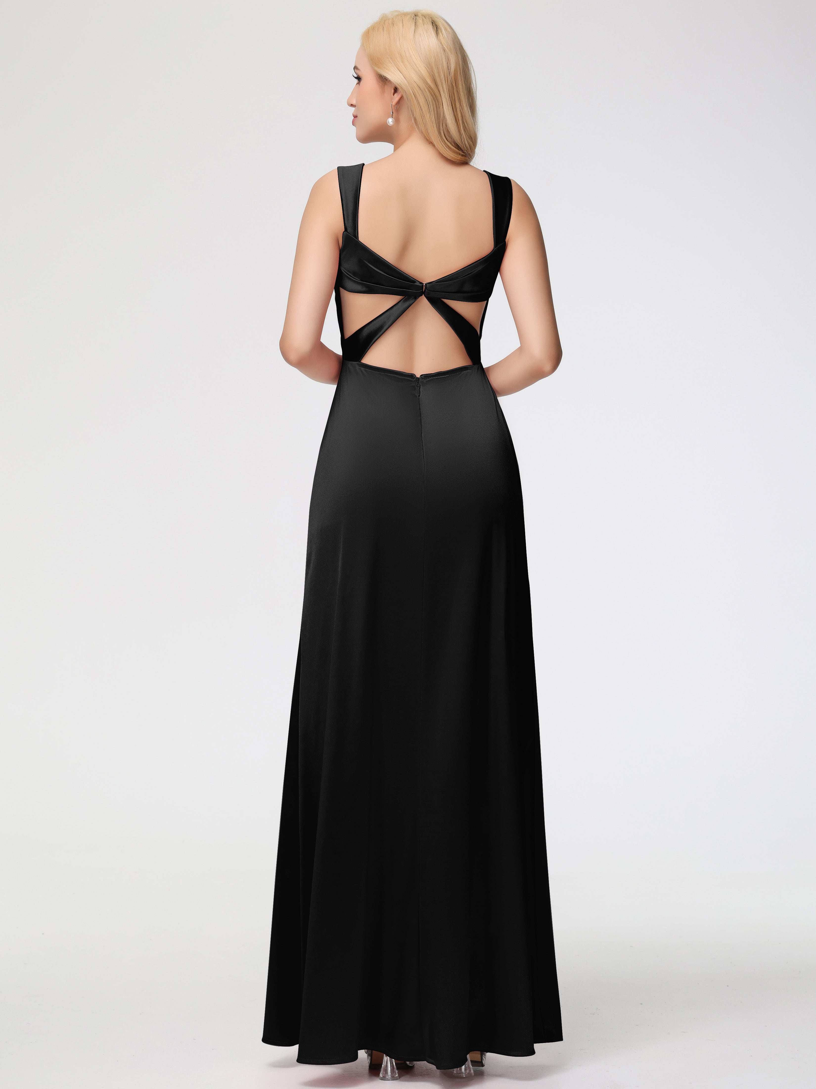 Robes De Demoiselle D'Honneur Noires Bon Marché Cache Cœur Bretelles Trapèze Fendue Satin Extensible Robe De Demoiselle D'Honneur