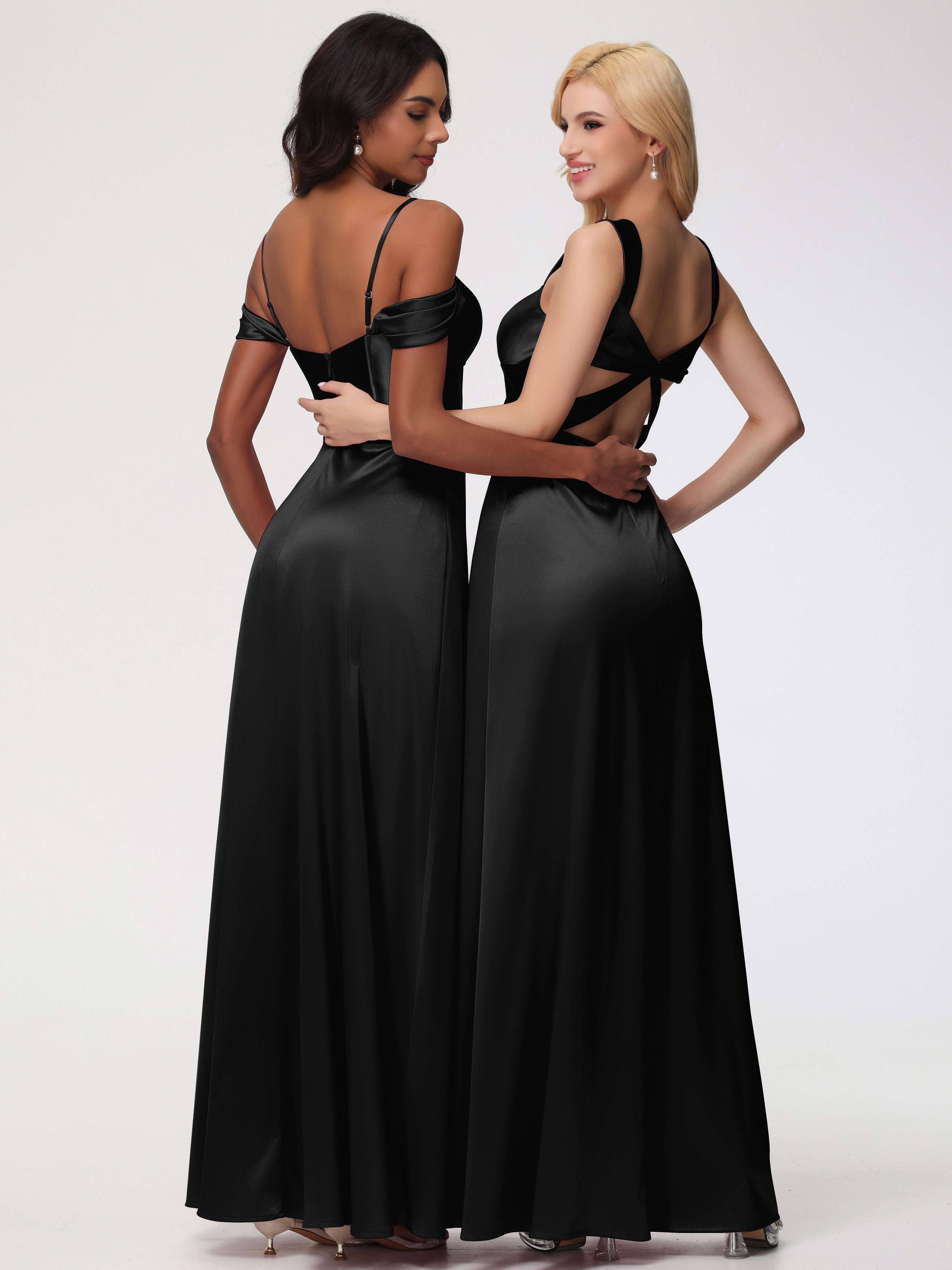 Robes De Demoiselle D'Honneur Noires Bon Marché Cache Cœur Bretelles Trapèze Fendue Satin Extensible Robe De Demoiselle D'Honneur