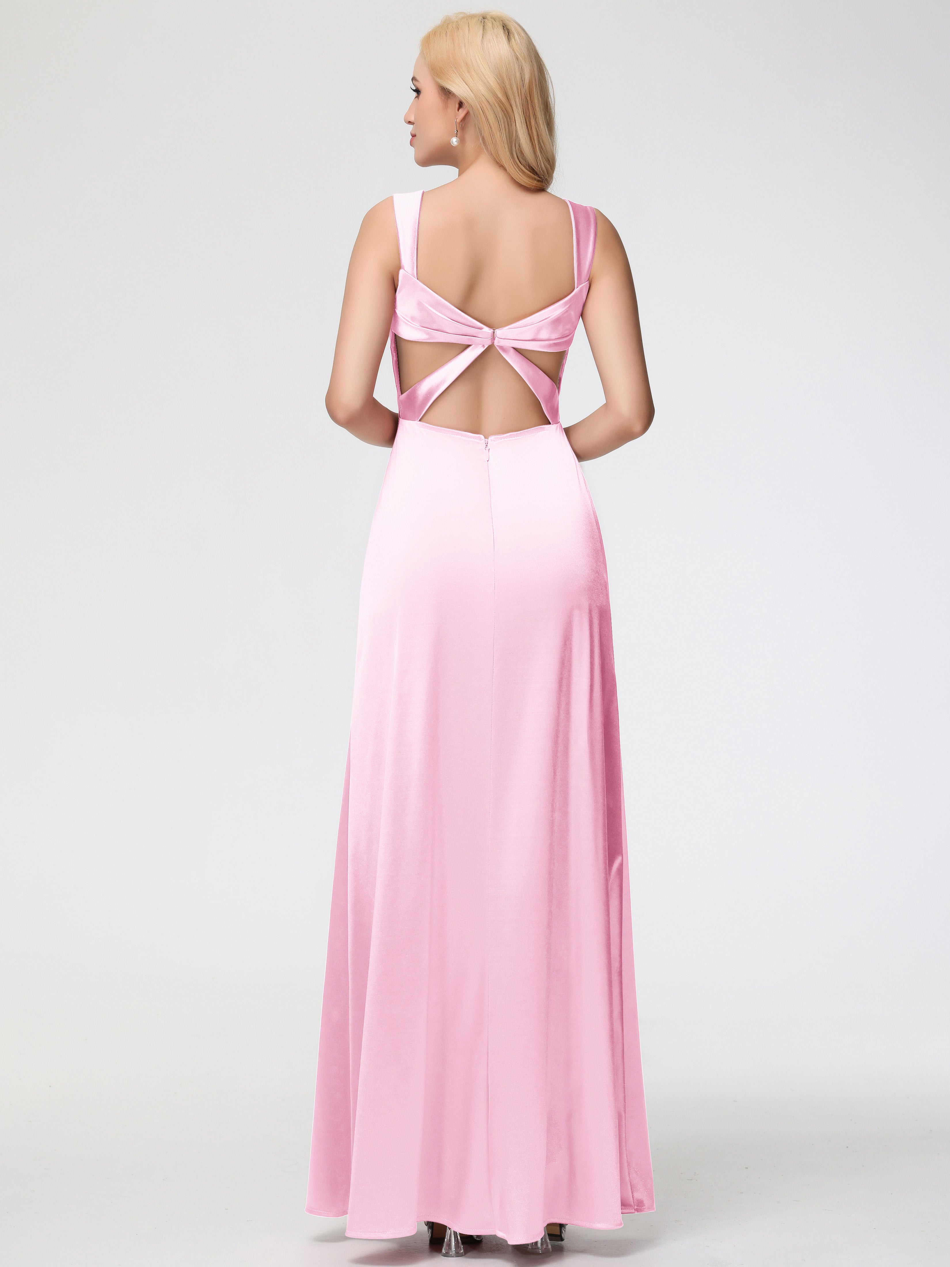 Robe Demoiselle D Honneur Rose Pale Cache Cœur Bretelles Trapèze Fendue Satin Extensible Robe De Demoiselle D'Honneur