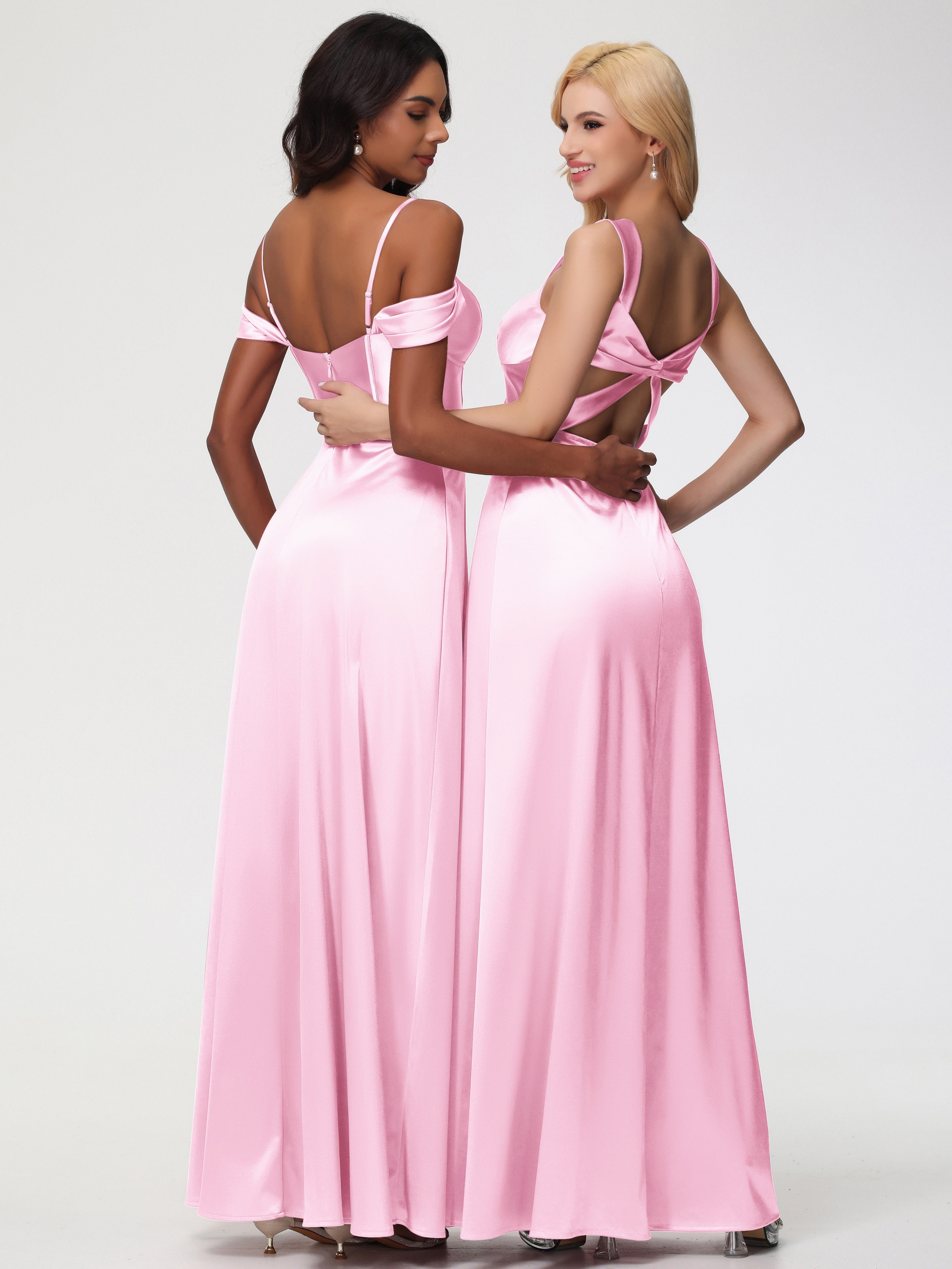 Robe Demoiselle D Honneur Rose Pale Cache Cœur Bretelles Trapèze Fendue Satin Extensible Robe De Demoiselle D'Honneur