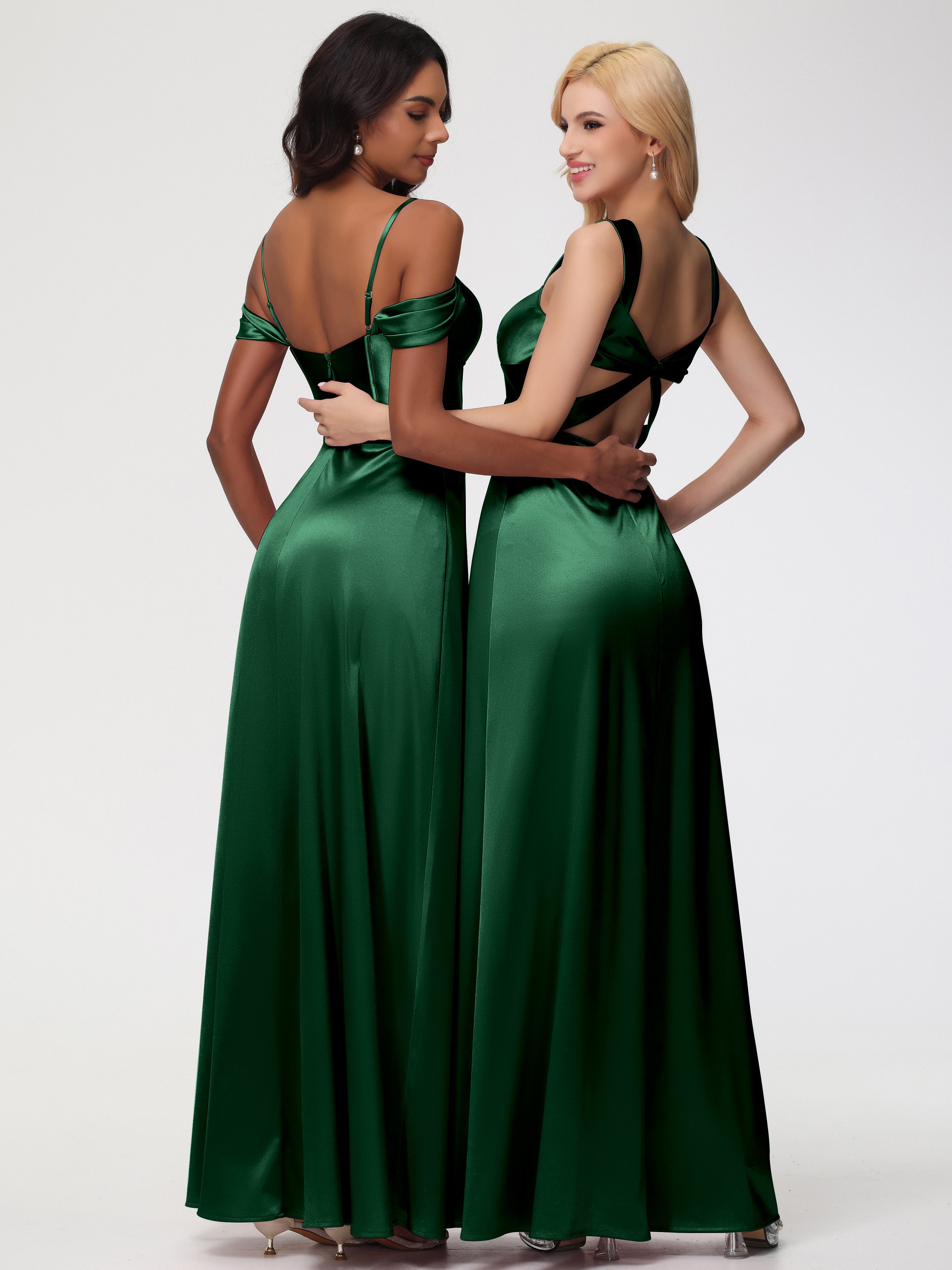 Robe Demoiselle D Honneur VERT FONCÉ Cache Cœur Bretelles Trapèze Fendue Satin Extensible Robe De Demoiselle D'Honneur