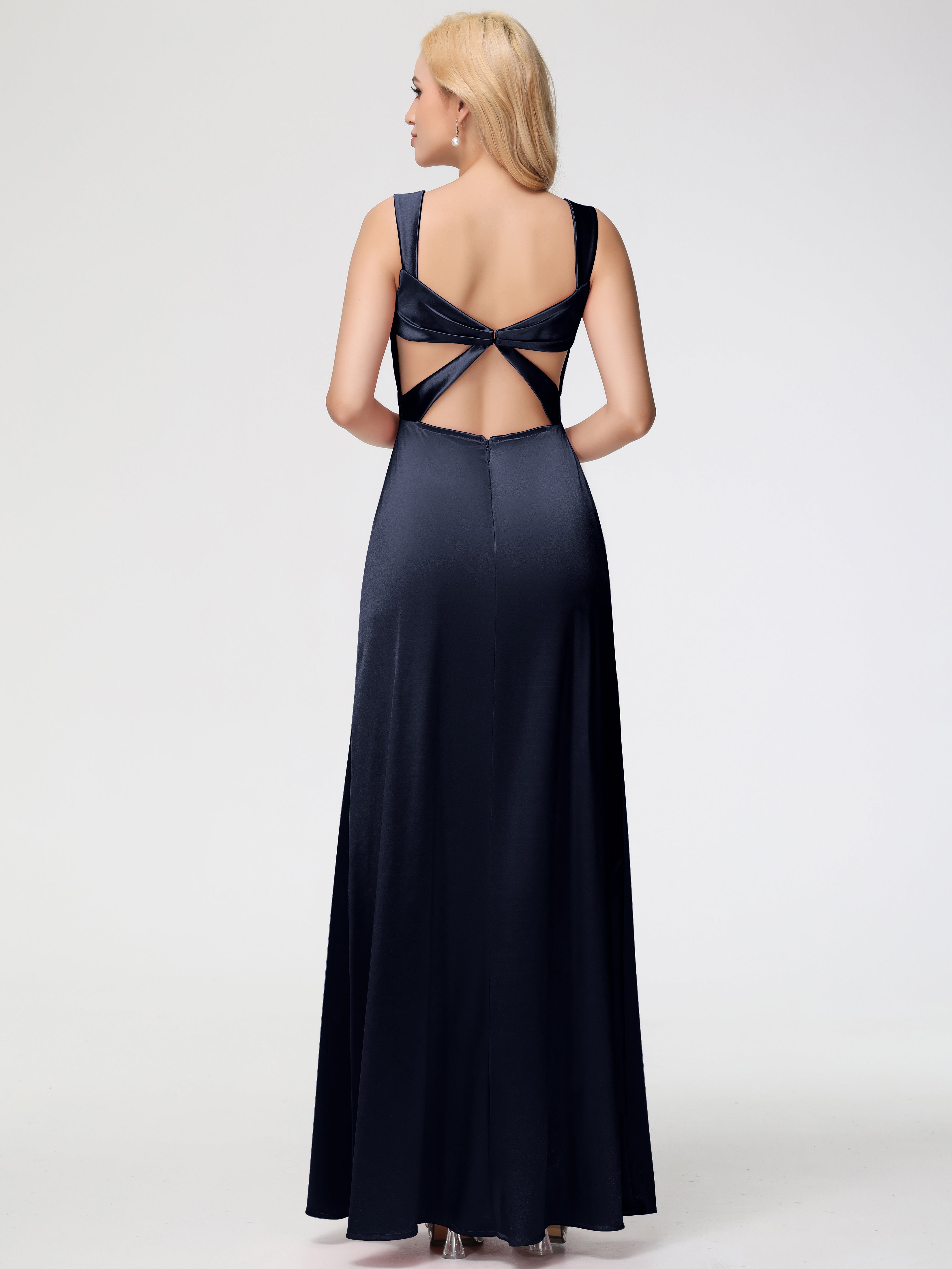 Robes De Demoiselle D'Honneur Bleu Marine Modestes Cache Cœur Bretelles Trapèze Fendue Satin Extensible Robe De Demoiselle D'Honneur