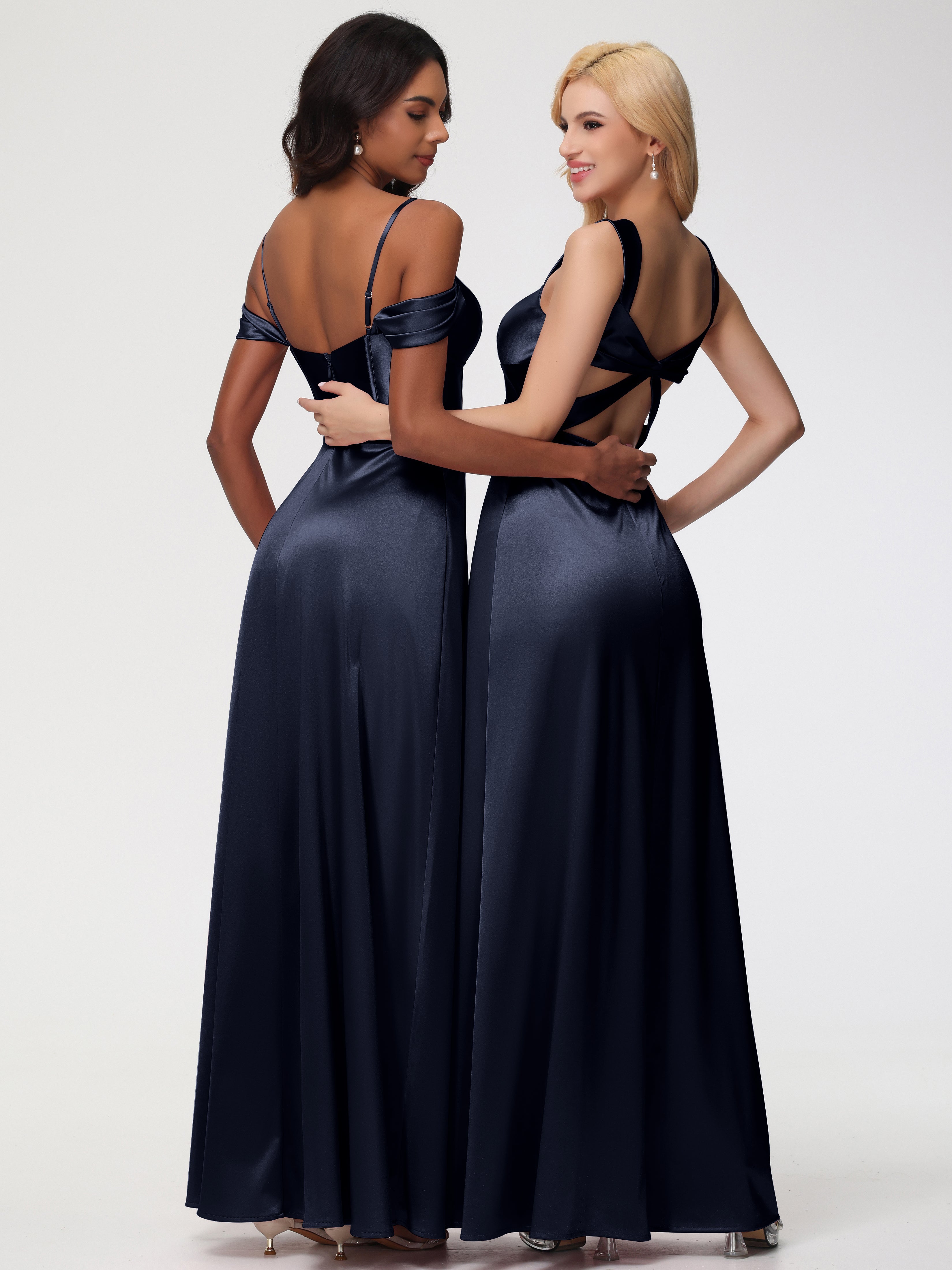 Robes De Demoiselle D'Honneur Bleu Marine Modestes Cache Cœur Bretelles Trapèze Fendue Satin Extensible Robe De Demoiselle D'Honneur