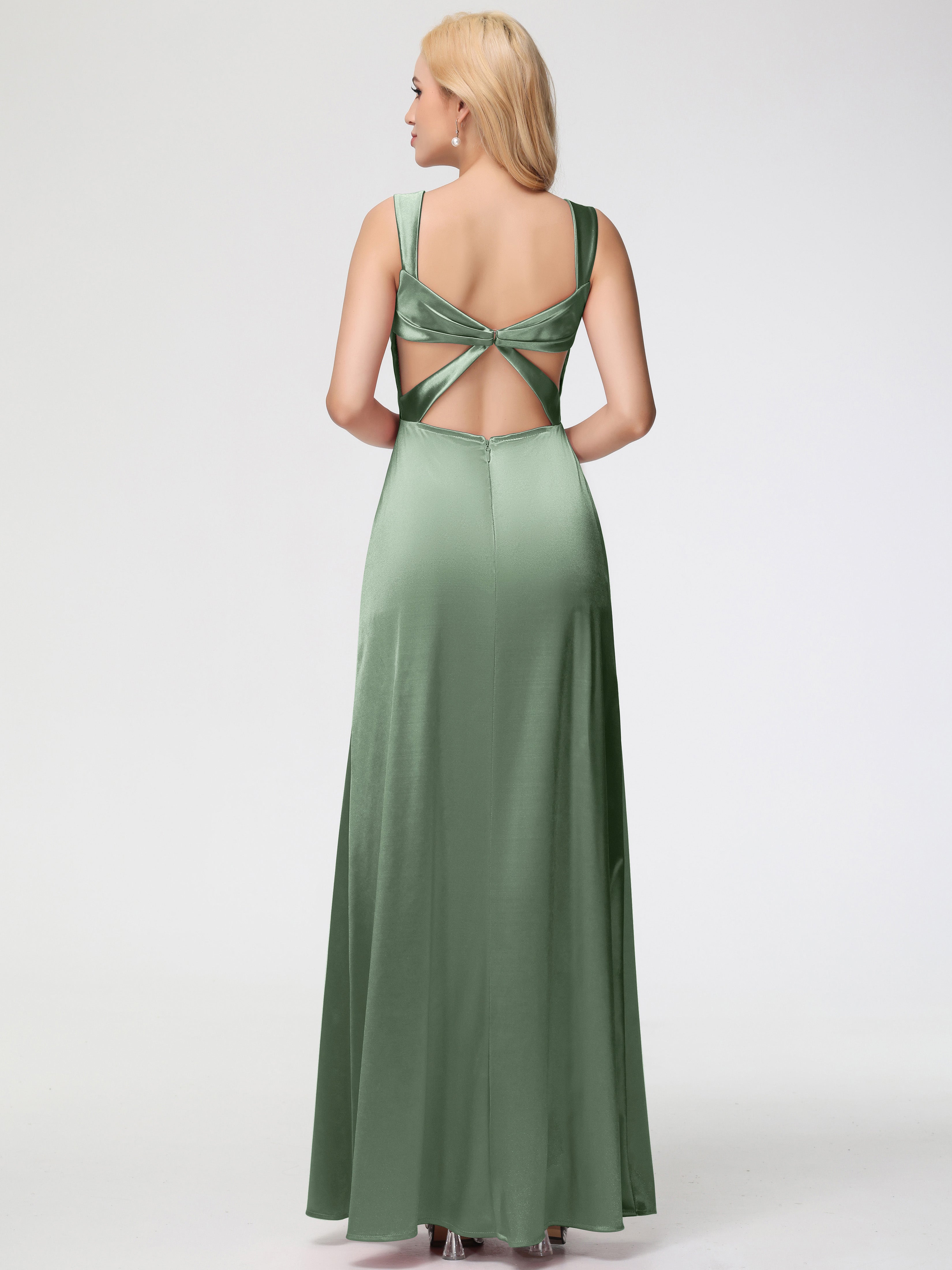Robes Pour Demoiselles D Honneur Robe Vert Sauge Cache Cœur Bretelles Trapèze Fendue Satin Extensible Robe De Demoiselle D'Honneur
