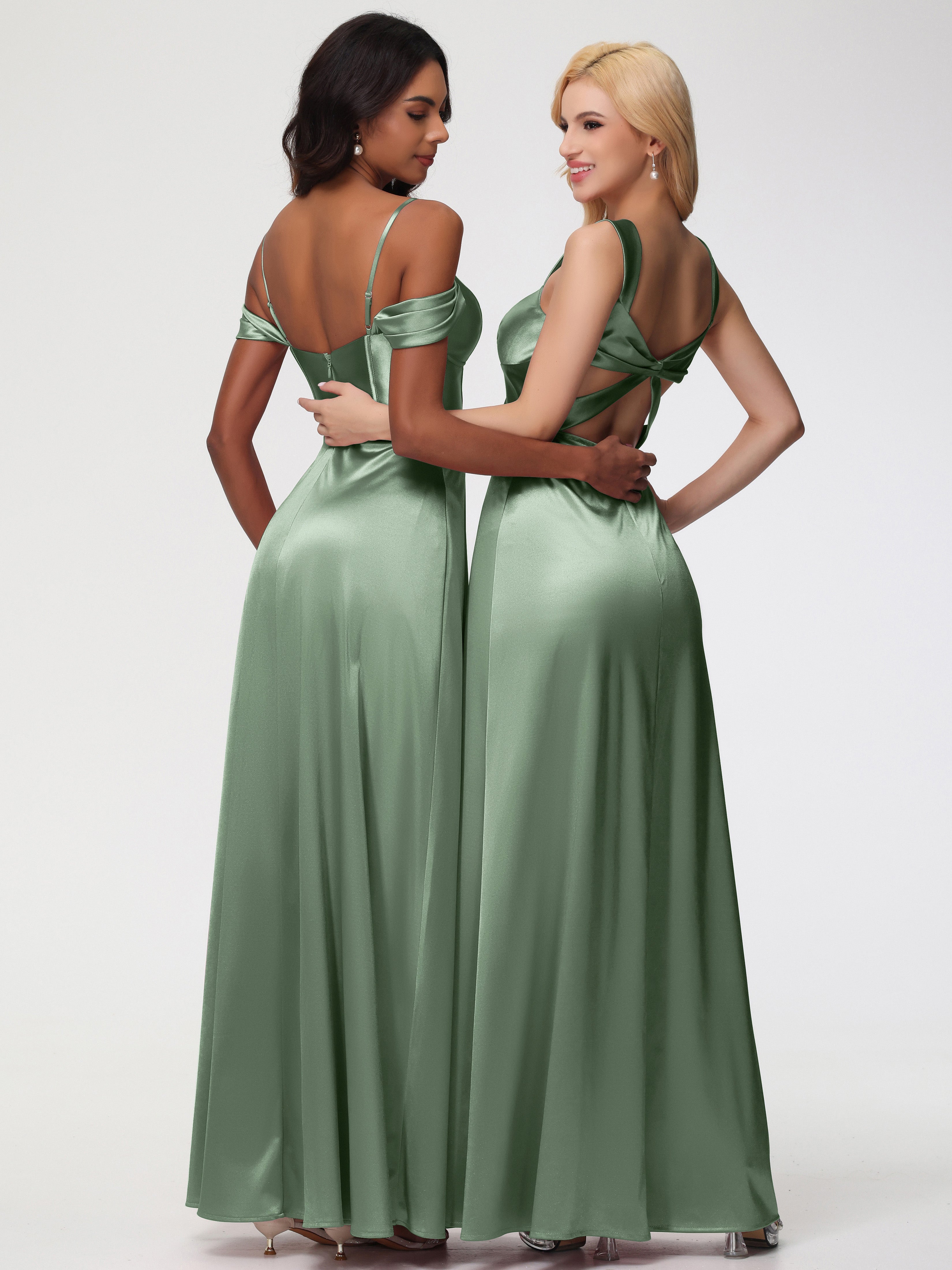 Robes Pour Demoiselles D Honneur Robe Vert Sauge Cache Cœur Bretelles Trapèze Fendue Satin Extensible Robe De Demoiselle D'Honneur
