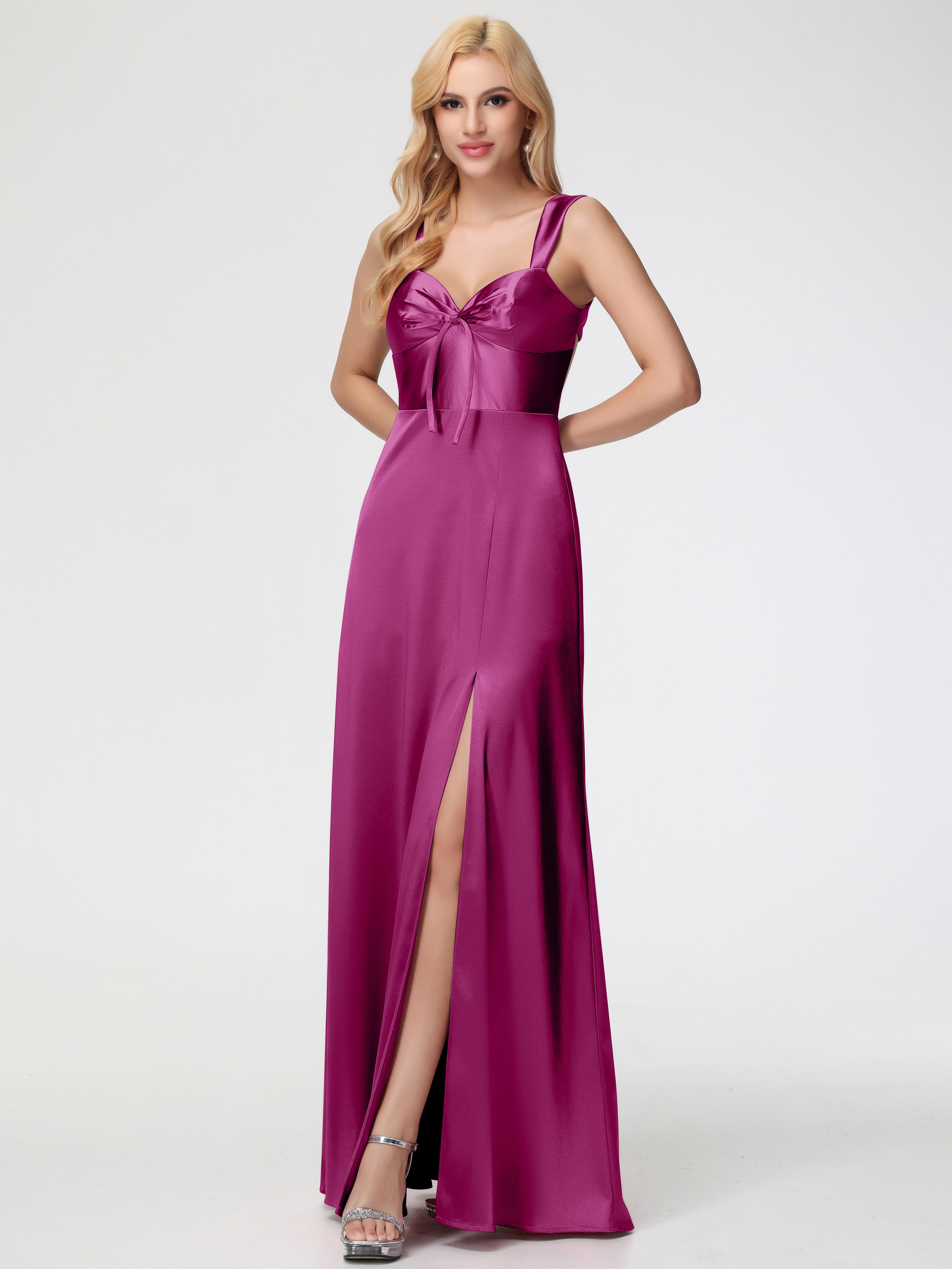 Robes De Demoiselle D'Honneur Rose Fuchsia Cache Cœur Bretelles Trapèze Fendue Satin Extensible Robe De Demoiselle D'Honneur