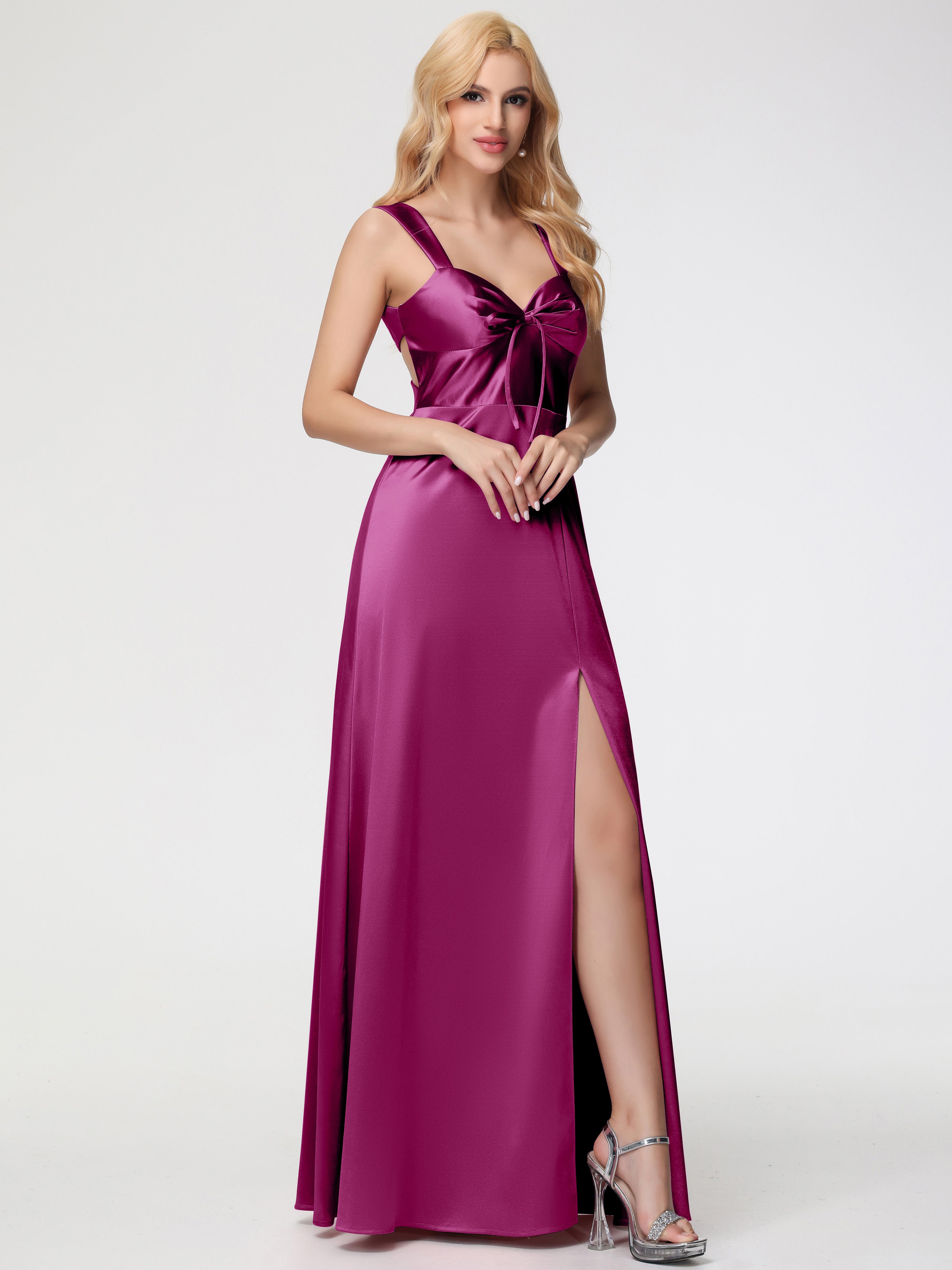 Robes De Demoiselle D'Honneur Rose Fuchsia Cache Cœur Bretelles Trapèze Fendue Satin Extensible Robe De Demoiselle D'Honneur