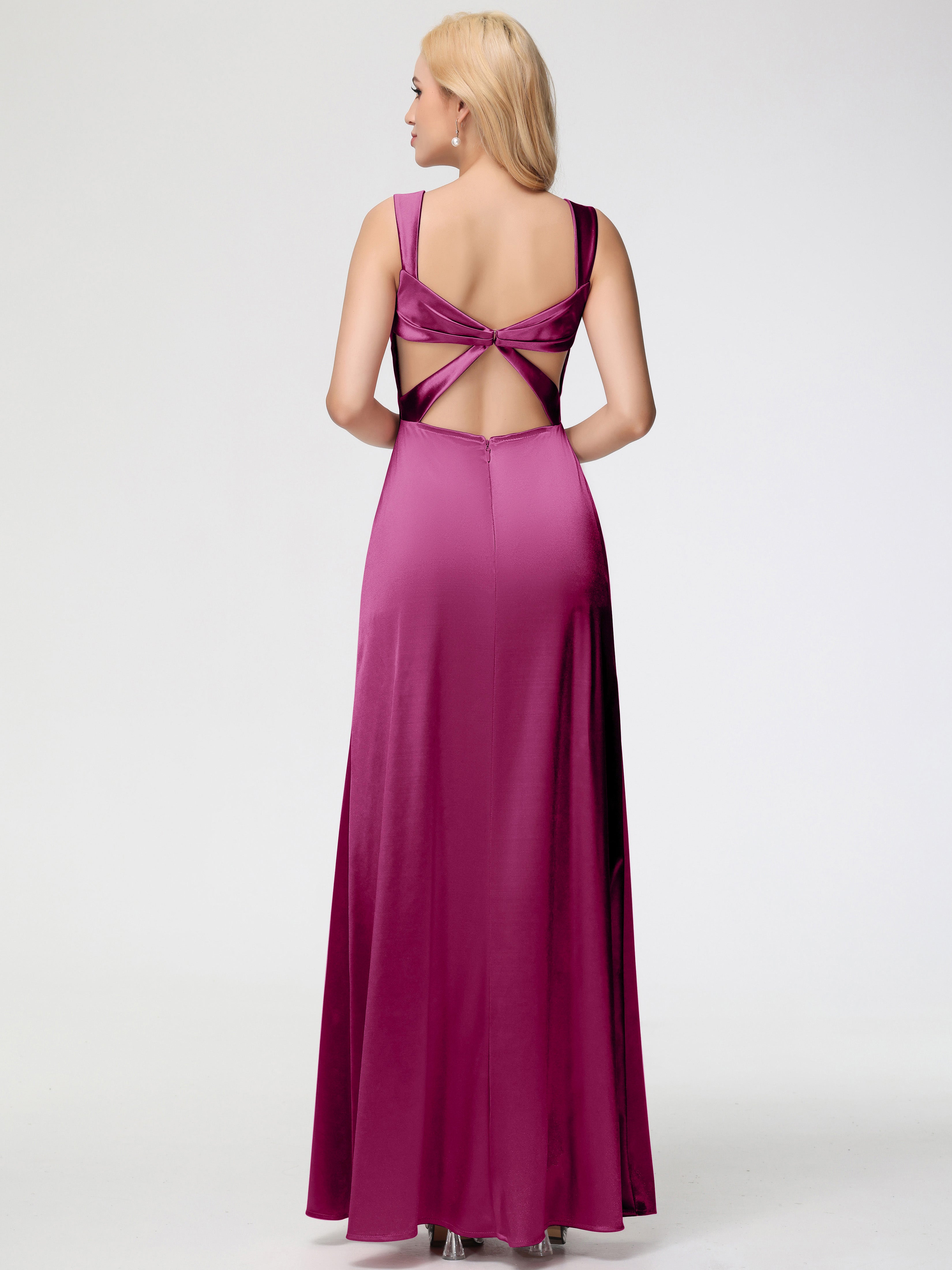 Robes De Demoiselle D'Honneur Rose Fuchsia Cache Cœur Bretelles Trapèze Fendue Satin Extensible Robe De Demoiselle D'Honneur