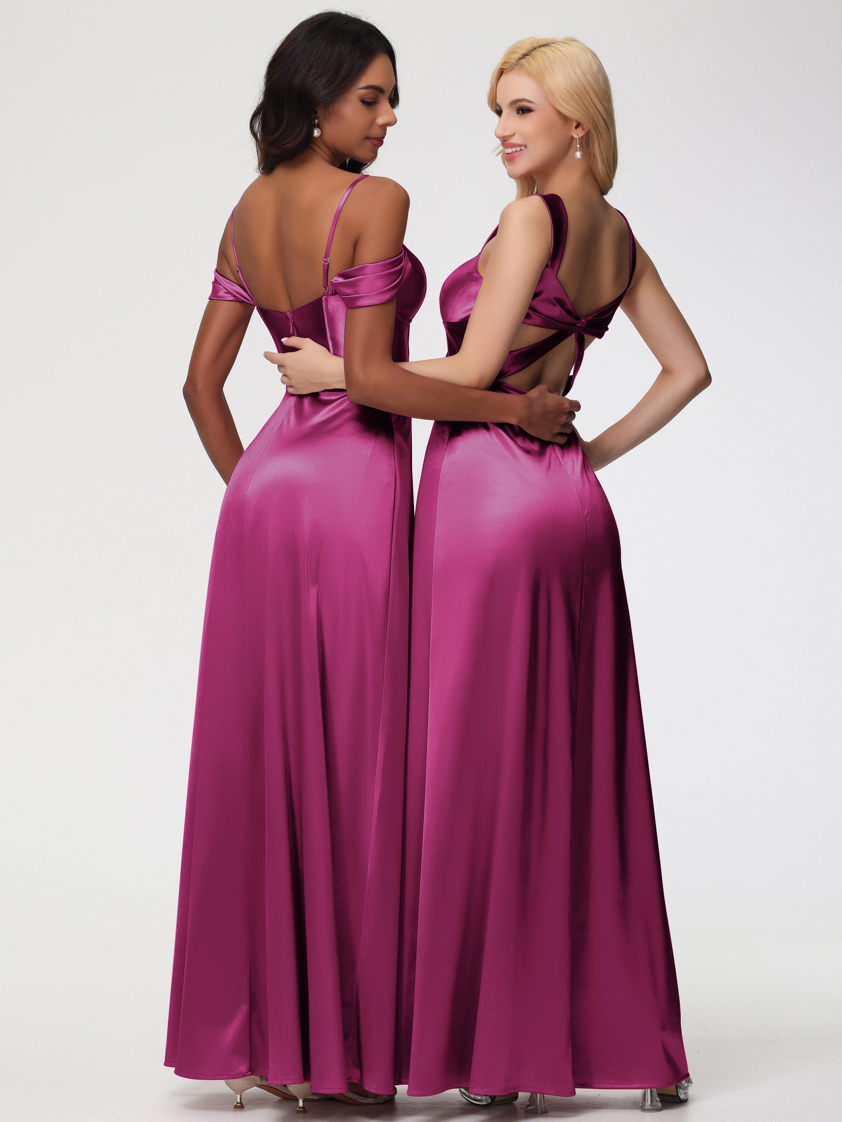 Robes De Demoiselle D'Honneur Rose Fuchsia Cache Cœur Bretelles Trapèze Fendue Satin Extensible Robe De Demoiselle D'Honneur