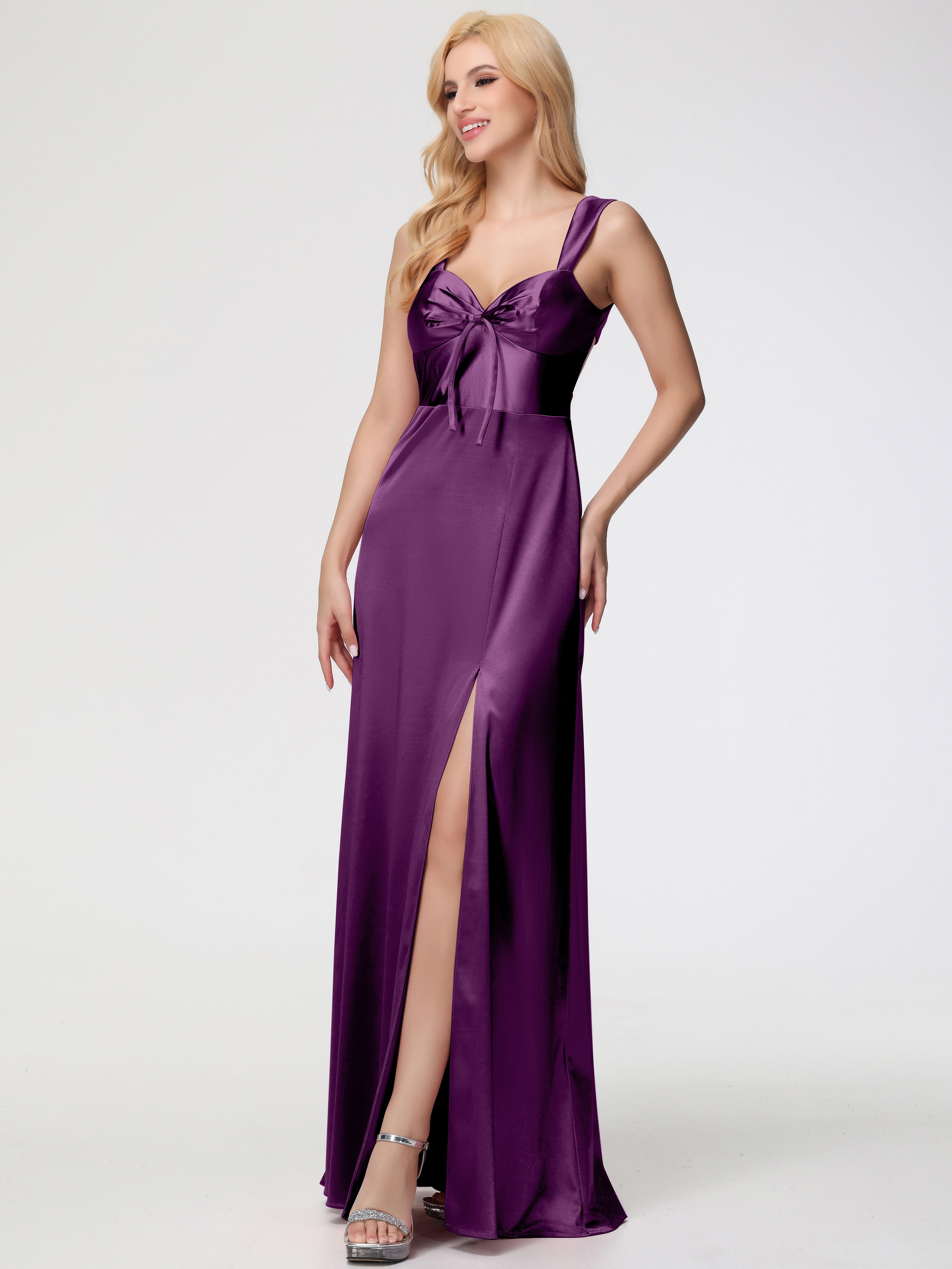 Robes De Demoiselle D'Honneur Raisin Cache Cœur Bretelles Trapèze Fendue Satin Extensible Robe De Demoiselle D'Honneur
