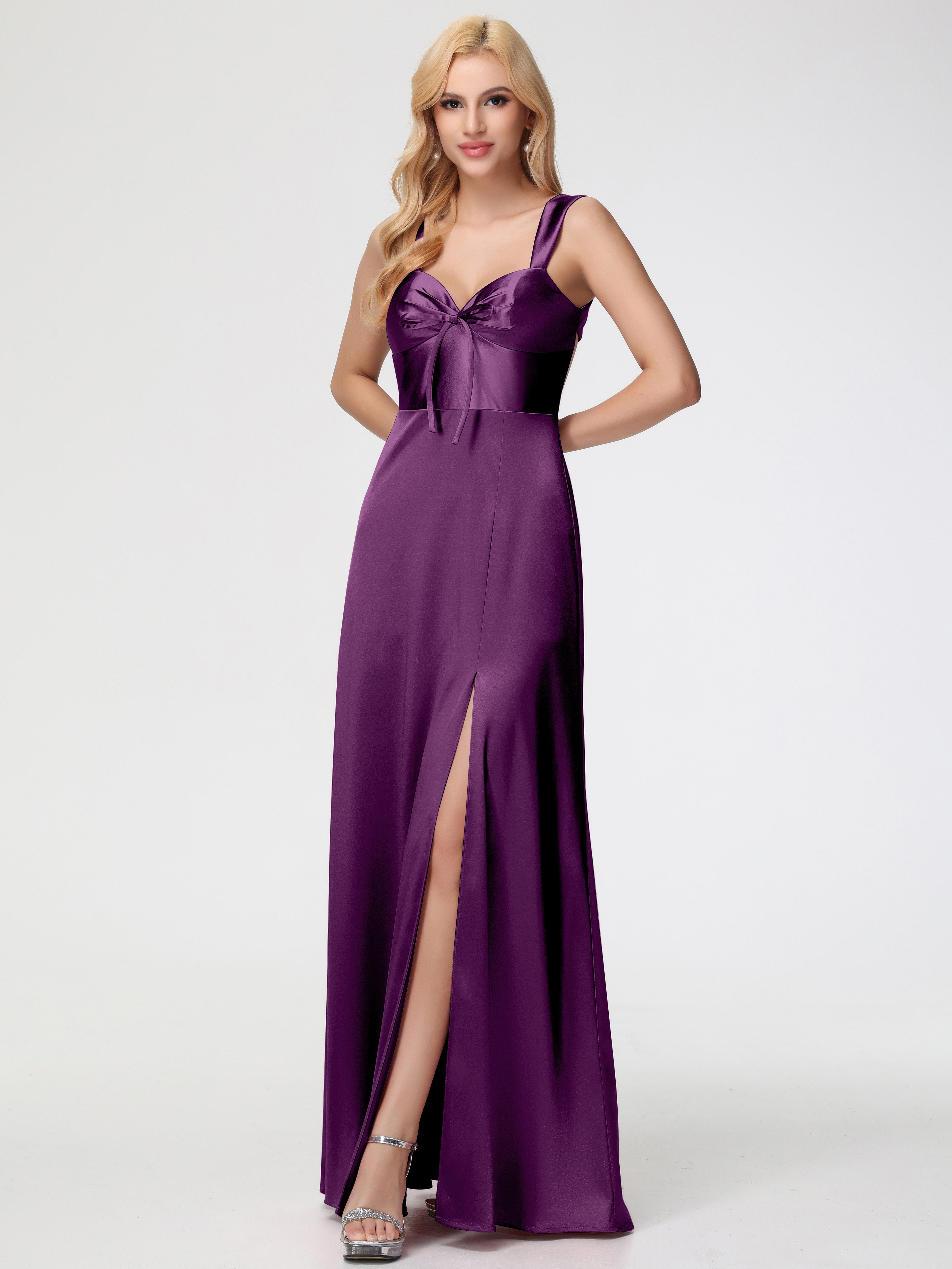 Robes De Demoiselle D'Honneur Raisin Cache Cœur Bretelles Trapèze Fendue Satin Extensible Robe De Demoiselle D'Honneur