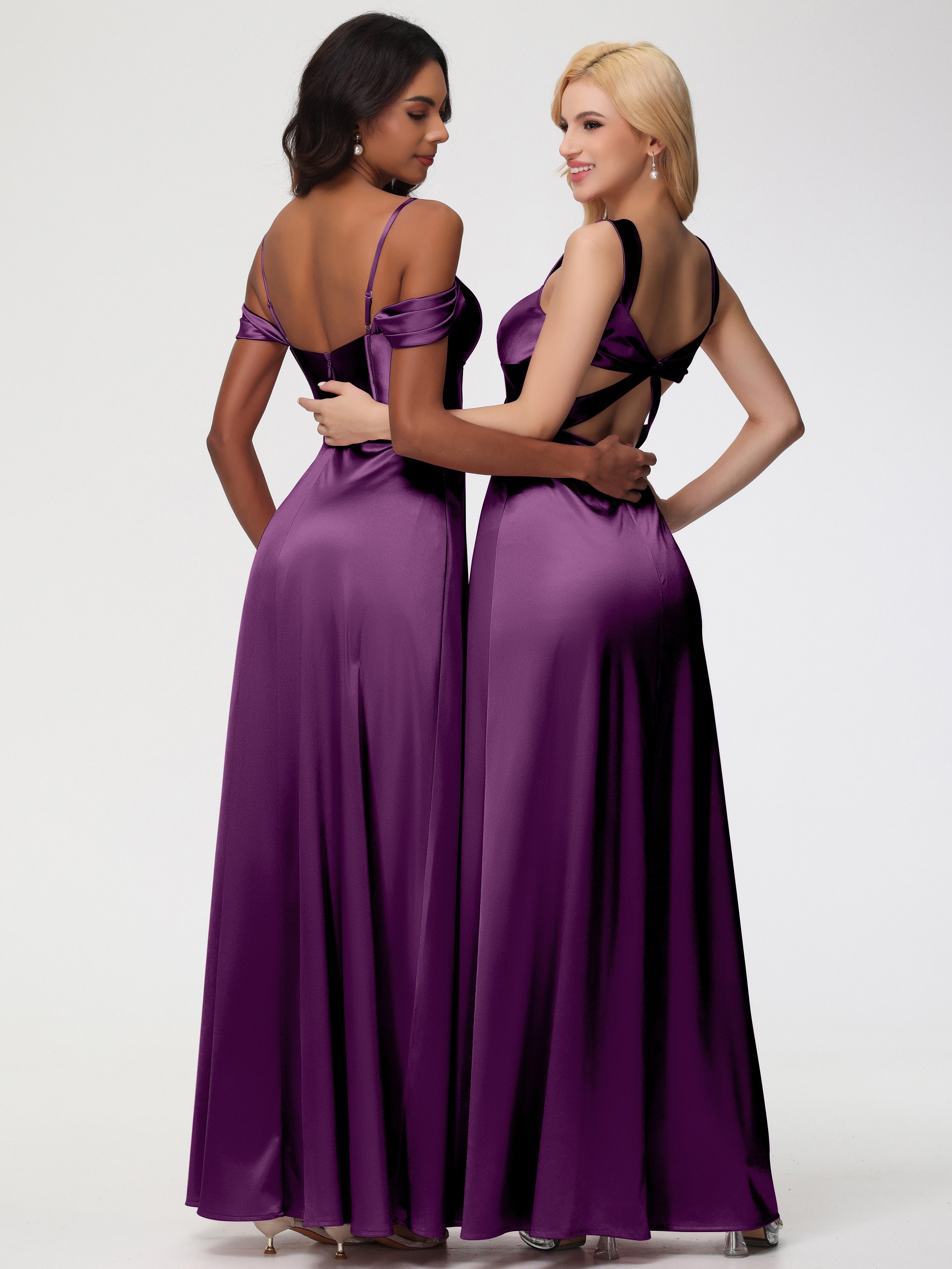 Robes De Demoiselle D'Honneur Raisin Cache Cœur Bretelles Trapèze Fendue Satin Extensible Robe De Demoiselle D'Honneur