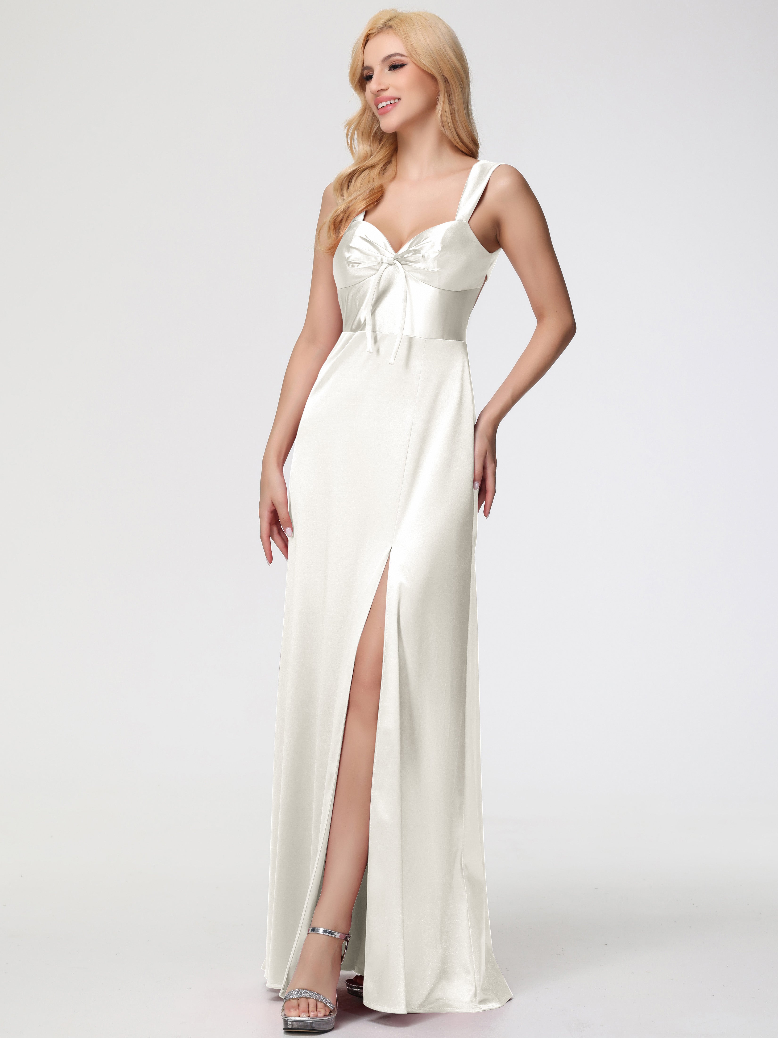 Robes De Demoiselle D'Honneur Ivoire Cache Cœur Bretelles Trapèze Fendue Satin Extensible Robe De Demoiselle D'Honneur