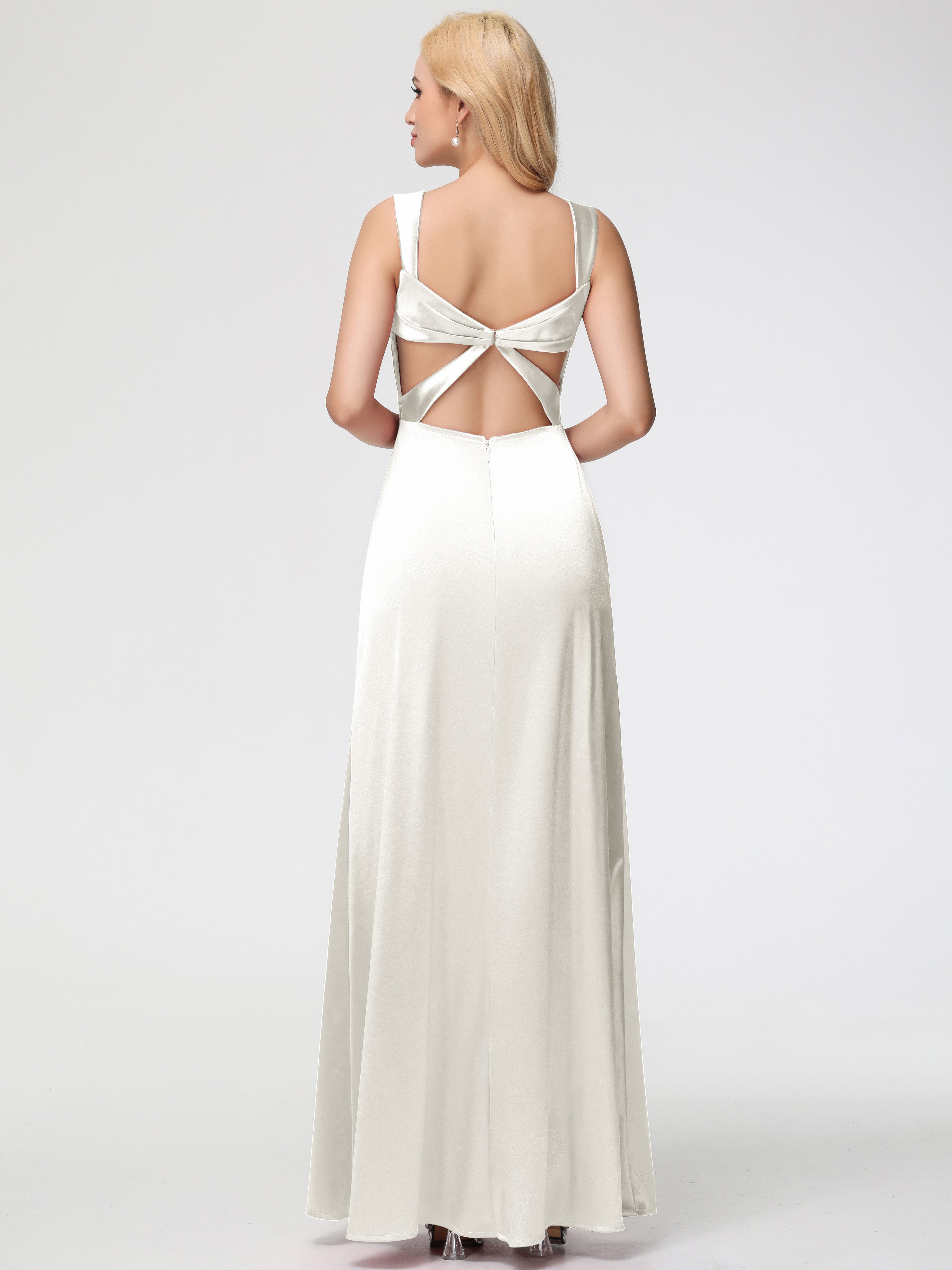 Robes De Demoiselle D'Honneur Ivoire Cache Cœur Bretelles Trapèze Fendue Satin Extensible Robe De Demoiselle D'Honneur