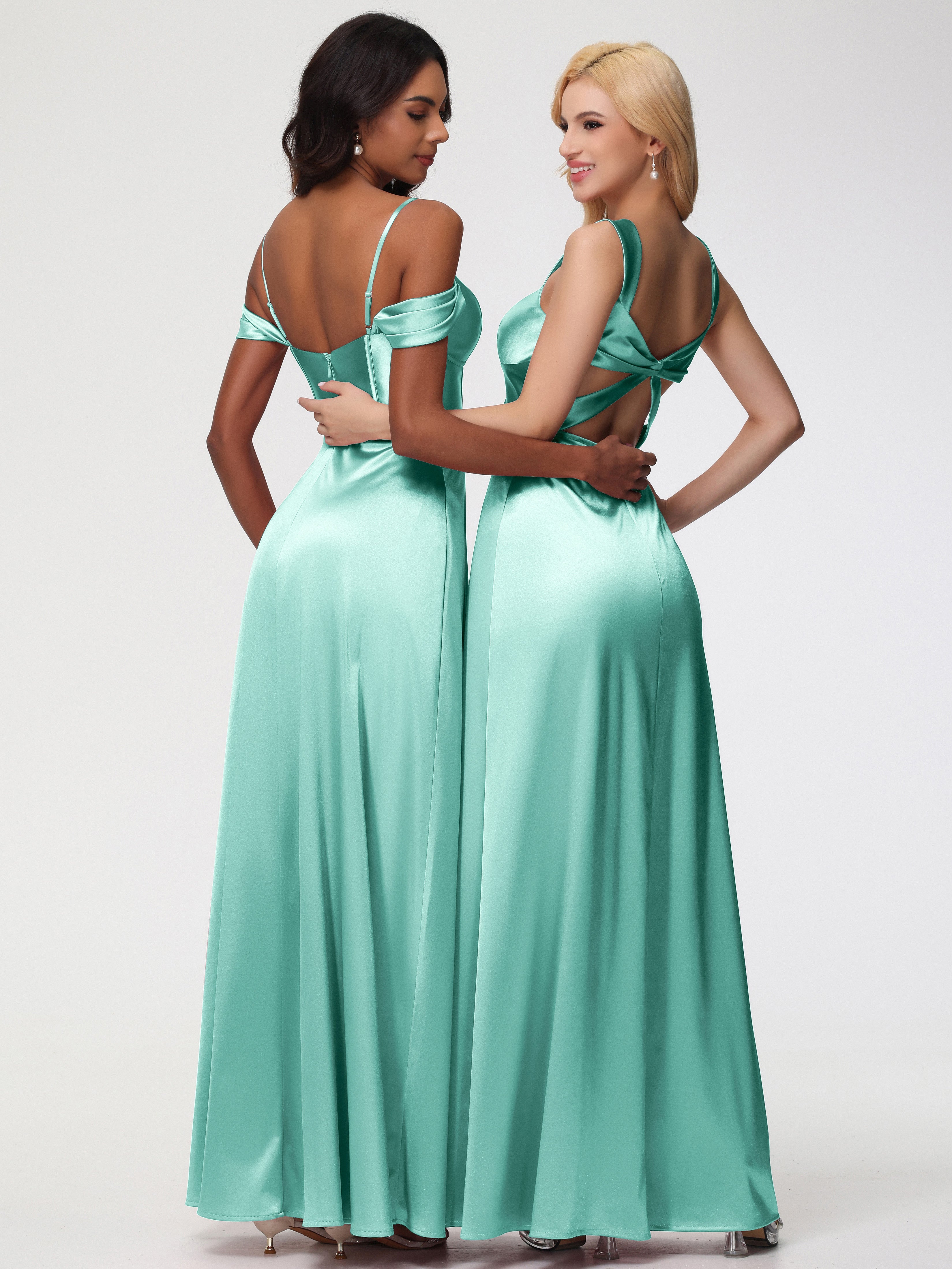 Robe Demoiselle D Honneur Vert Menthe Cache Cœur Bretelles Trapèze Fendue Satin Extensible Robe De Demoiselle D'Honneur