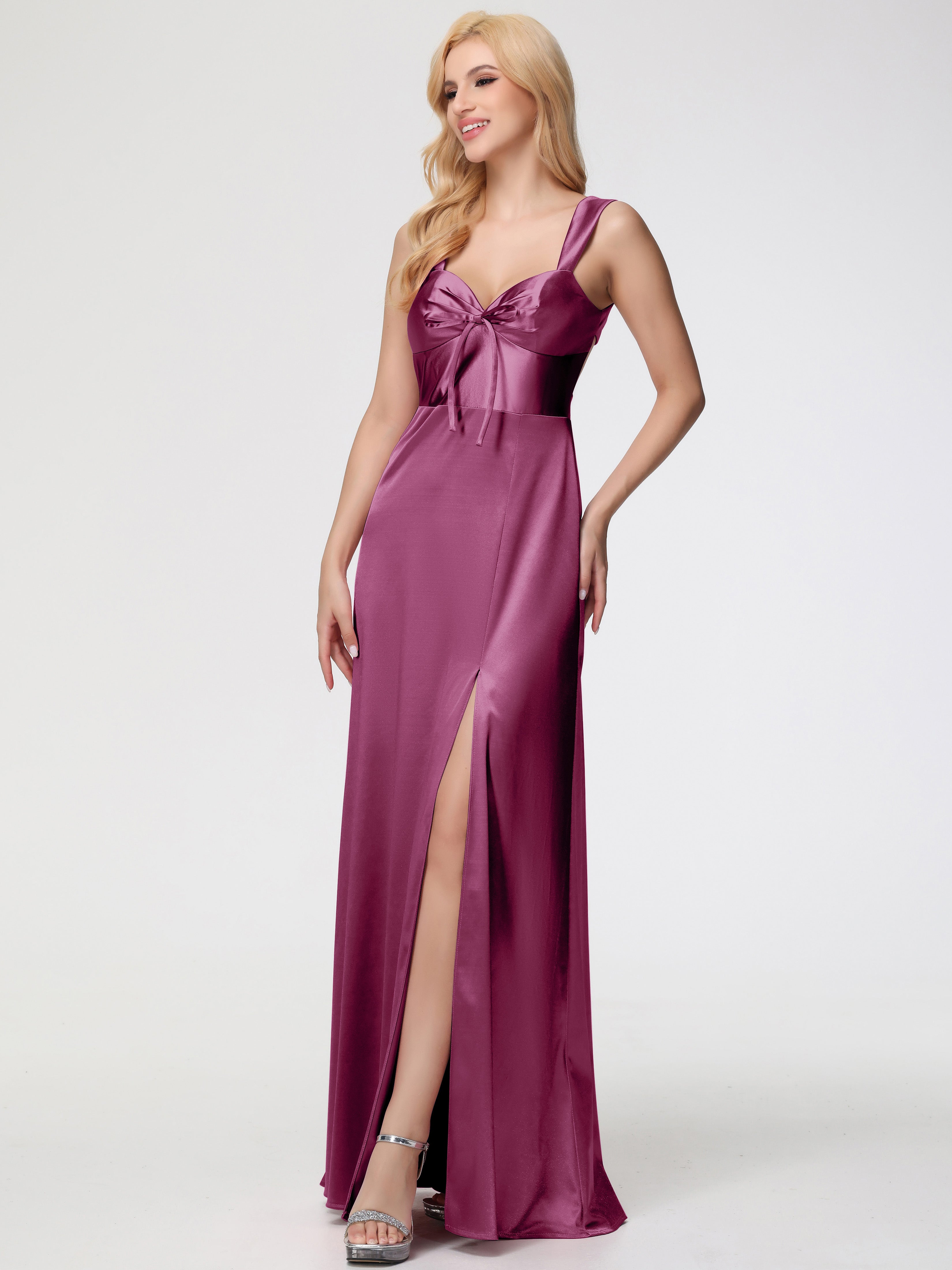 Robes De Demoiselle D'Honneur Mure Cache Cœur Bretelles Trapèze Fendue Satin Extensible Robe De Demoiselle D'Honneur