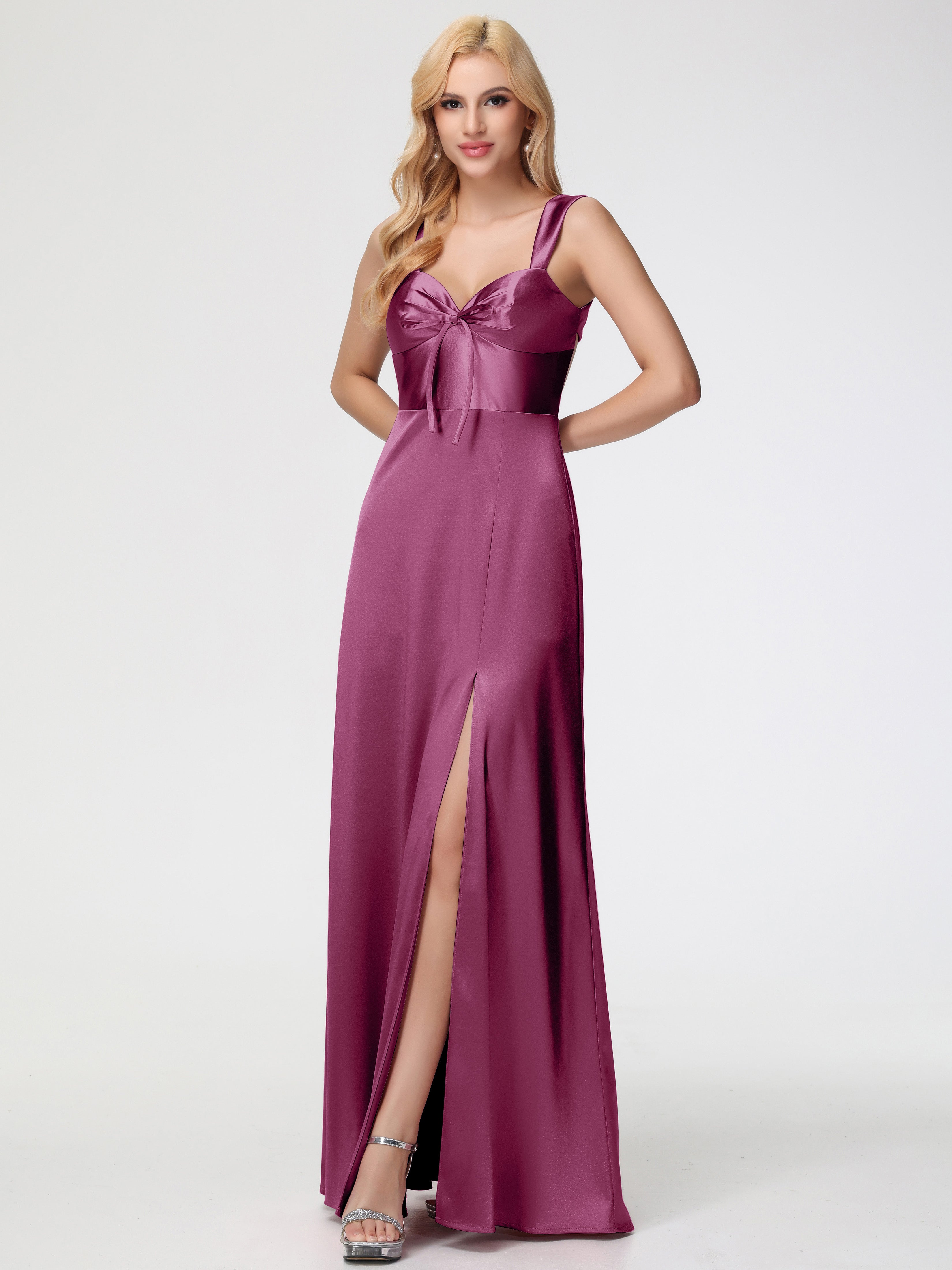 Robes De Demoiselle D'Honneur Mure Cache Cœur Bretelles Trapèze Fendue Satin Extensible Robe De Demoiselle D'Honneur