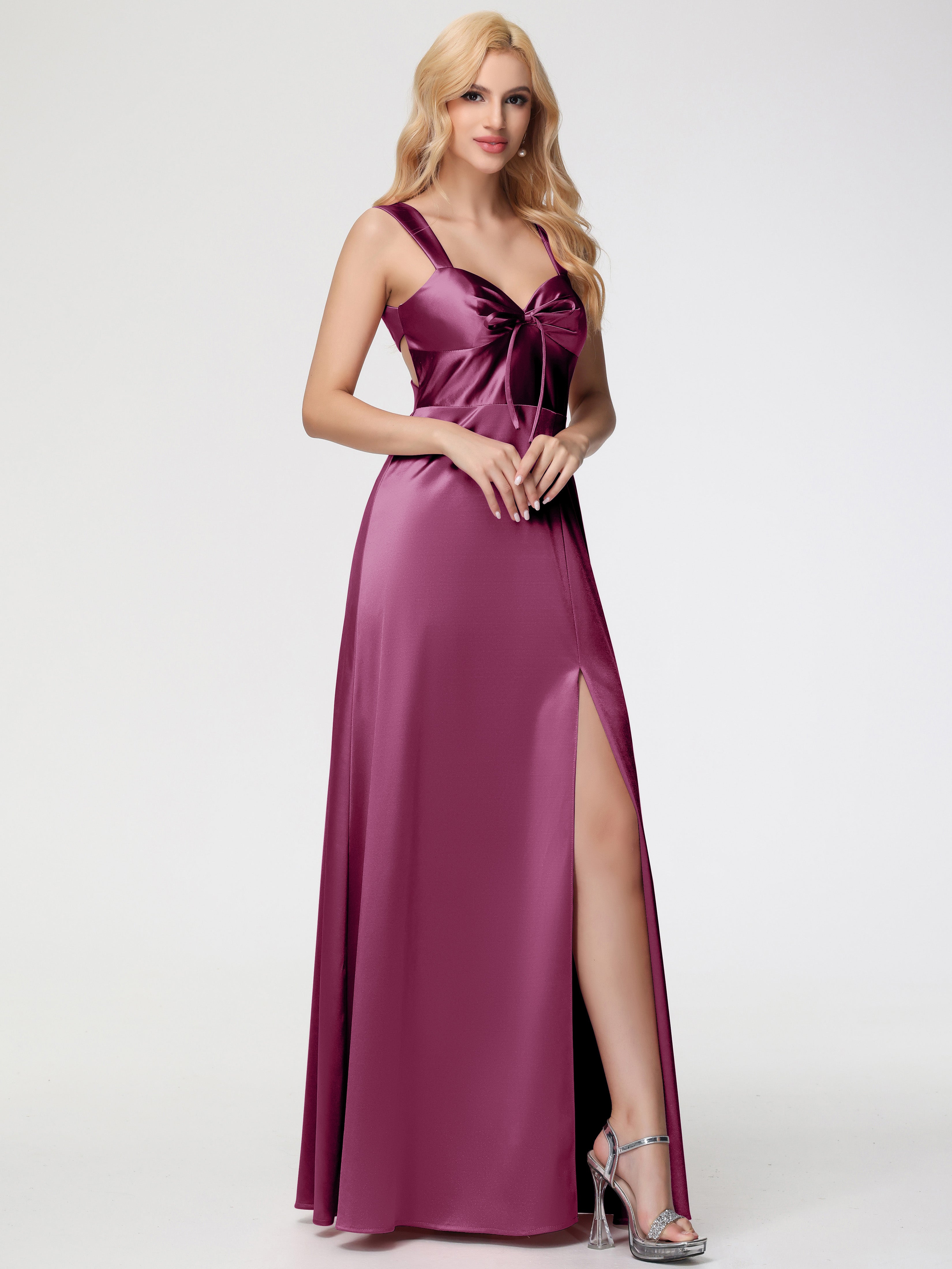 Robes De Demoiselle D'Honneur Mure Cache Cœur Bretelles Trapèze Fendue Satin Extensible Robe De Demoiselle D'Honneur