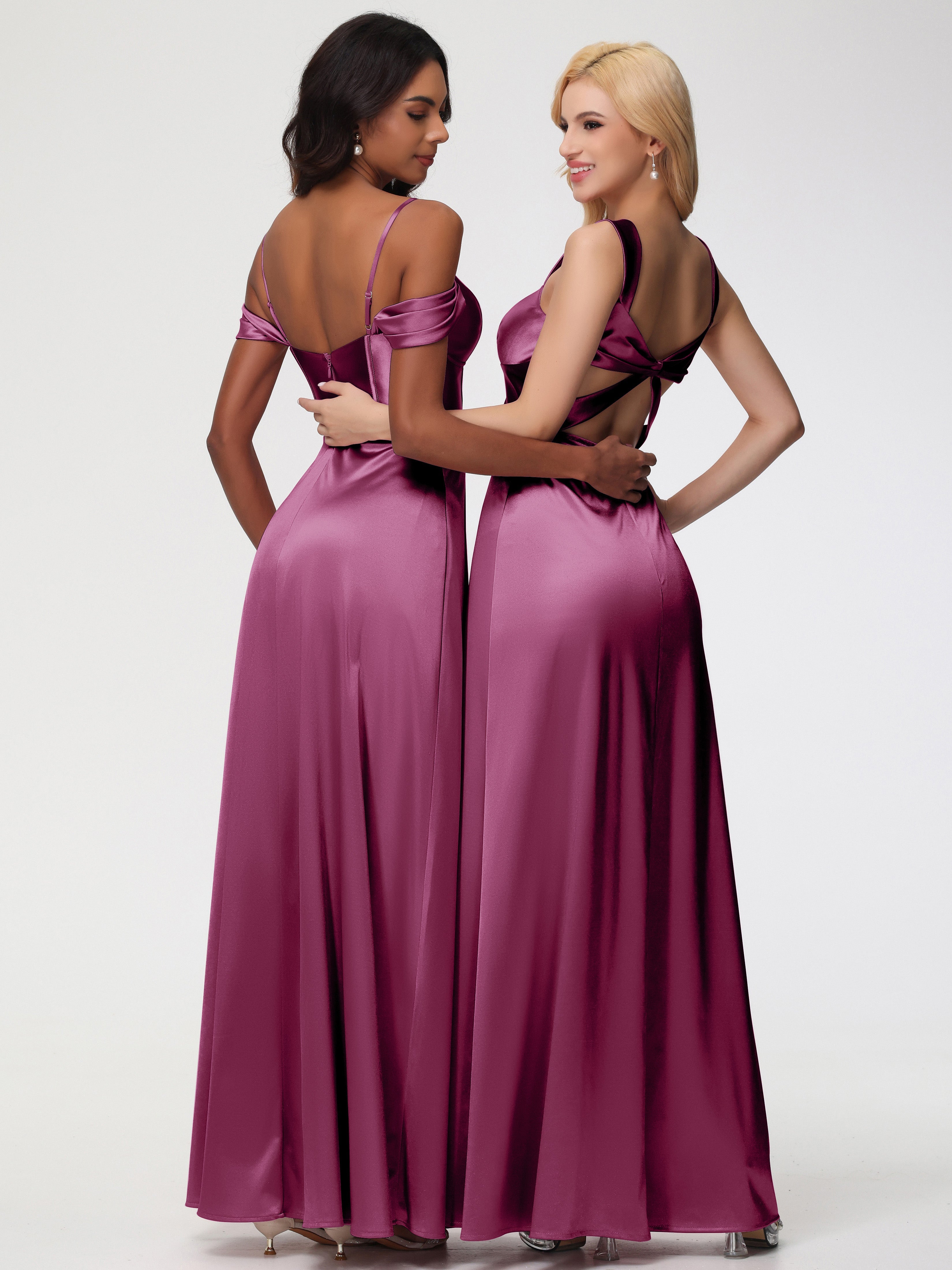 Robes De Demoiselle D'Honneur Mure Cache Cœur Bretelles Trapèze Fendue Satin Extensible Robe De Demoiselle D'Honneur