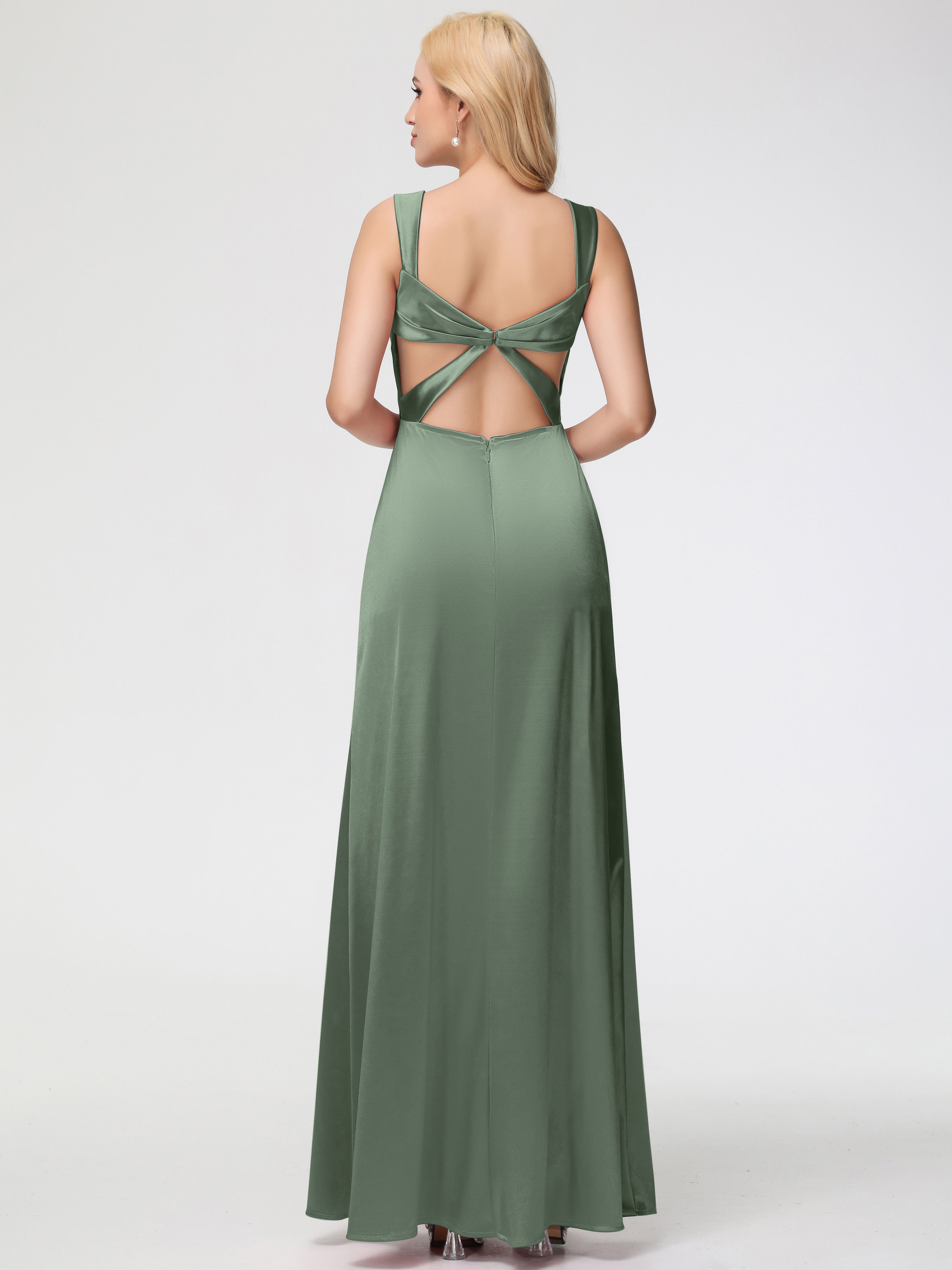 Robe Demoiselle D Honneur Vert Olive Cache Cœur Bretelles Trapèze Fendue Satin Extensible Robe De Demoiselle D'Honneur