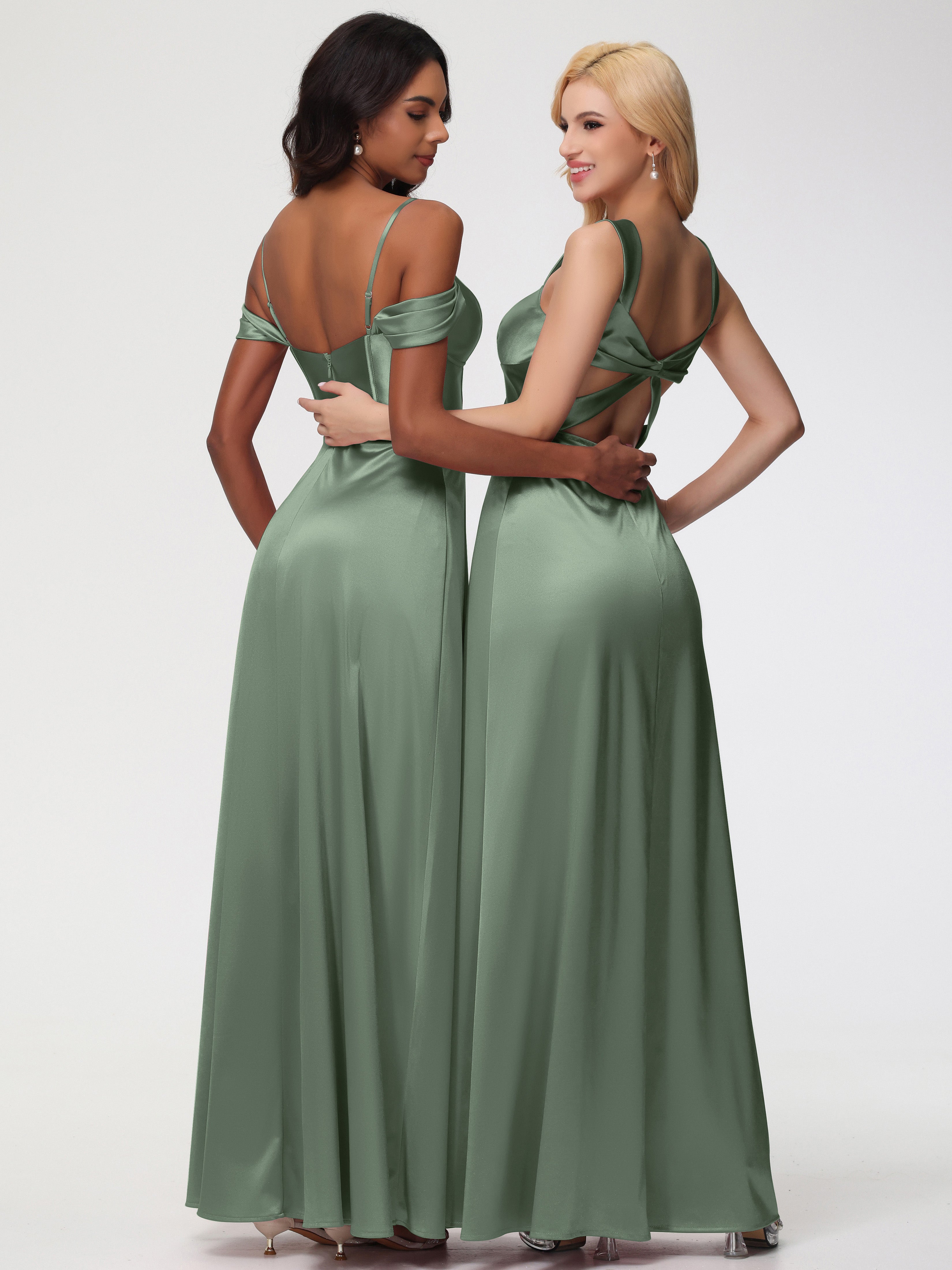 Robe Demoiselle D Honneur Vert Olive Cache Cœur Bretelles Trapèze Fendue Satin Extensible Robe De Demoiselle D'Honneur